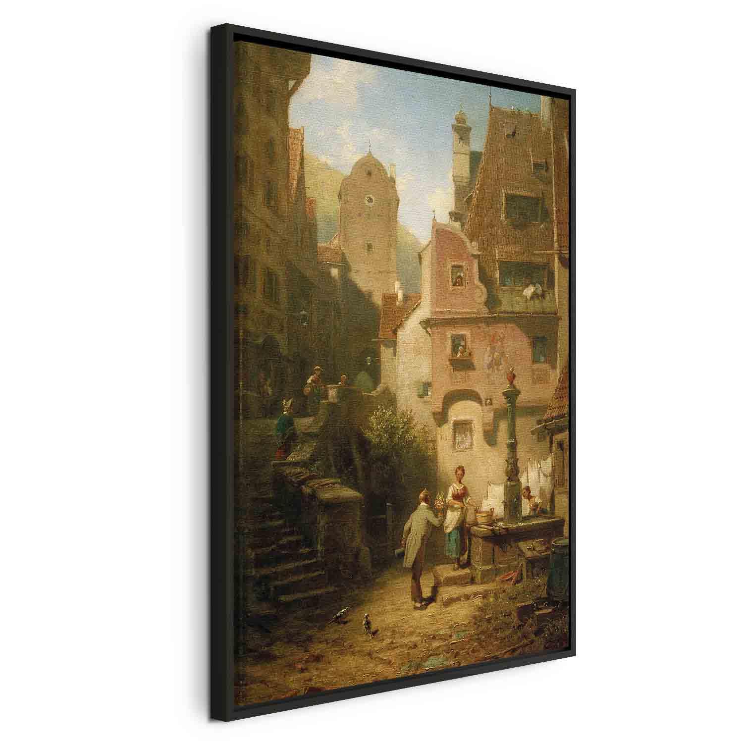 Carl Spitzweg billede på lærred - Well-Wisher Presenting Flowers - 40 x 60 cm - I en sort træramme