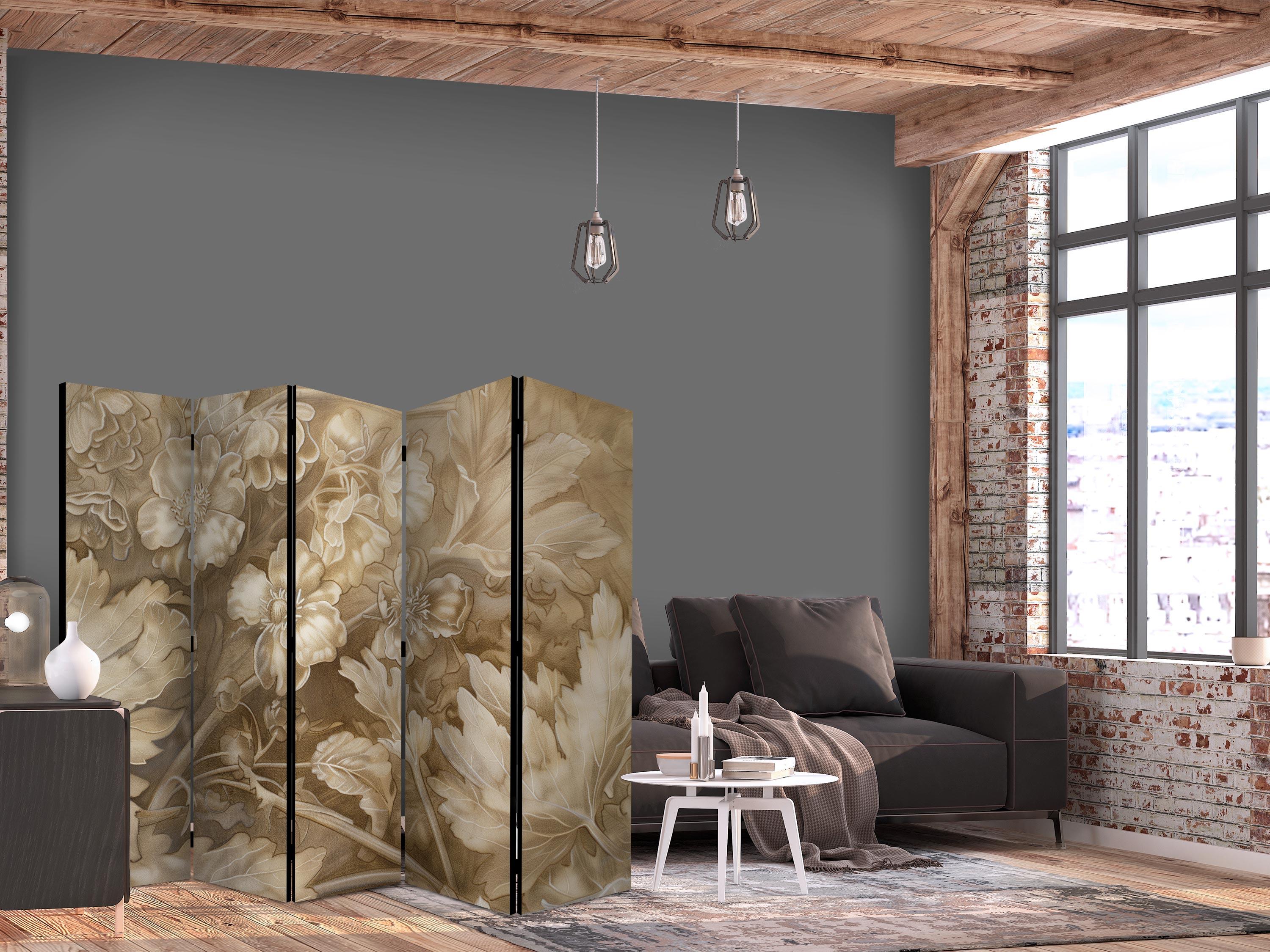5-panels skærmvæg med blomster i bløde sepia- og brune toner 225 x 172 cm - 225 x 172 cm - Dobbeltsiddet