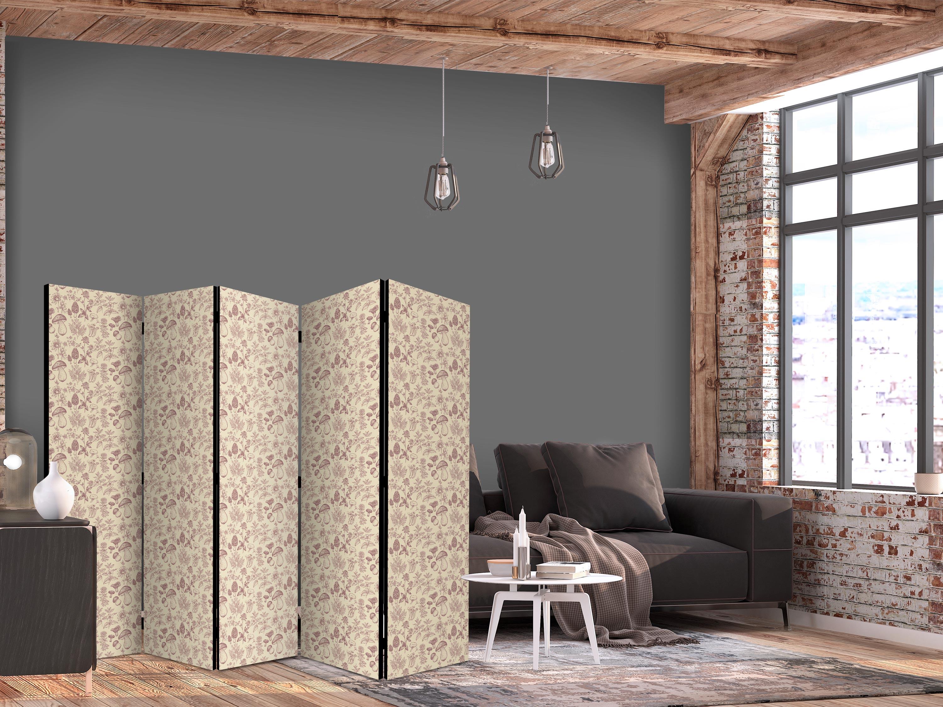 Skærmvæg beige med svampe, blomster og urter - 5-panel rumdeler 225 x 172 cm - 225 x 172 cm - Akustik