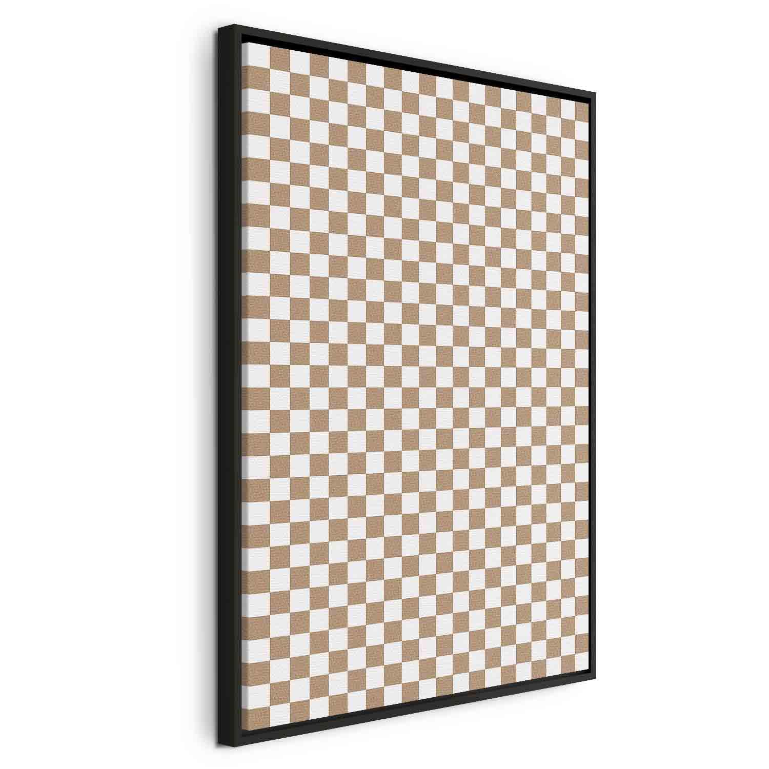 Lærredsbillede med ternet mønster i brun og hvid - 40 x 60 cm - I en sort træramme