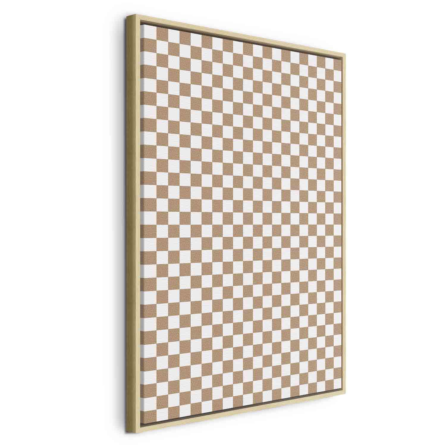 Lærredsbillede med ternet mønster i brun og hvid - 40 x 60 cm - I en naturlig træramme