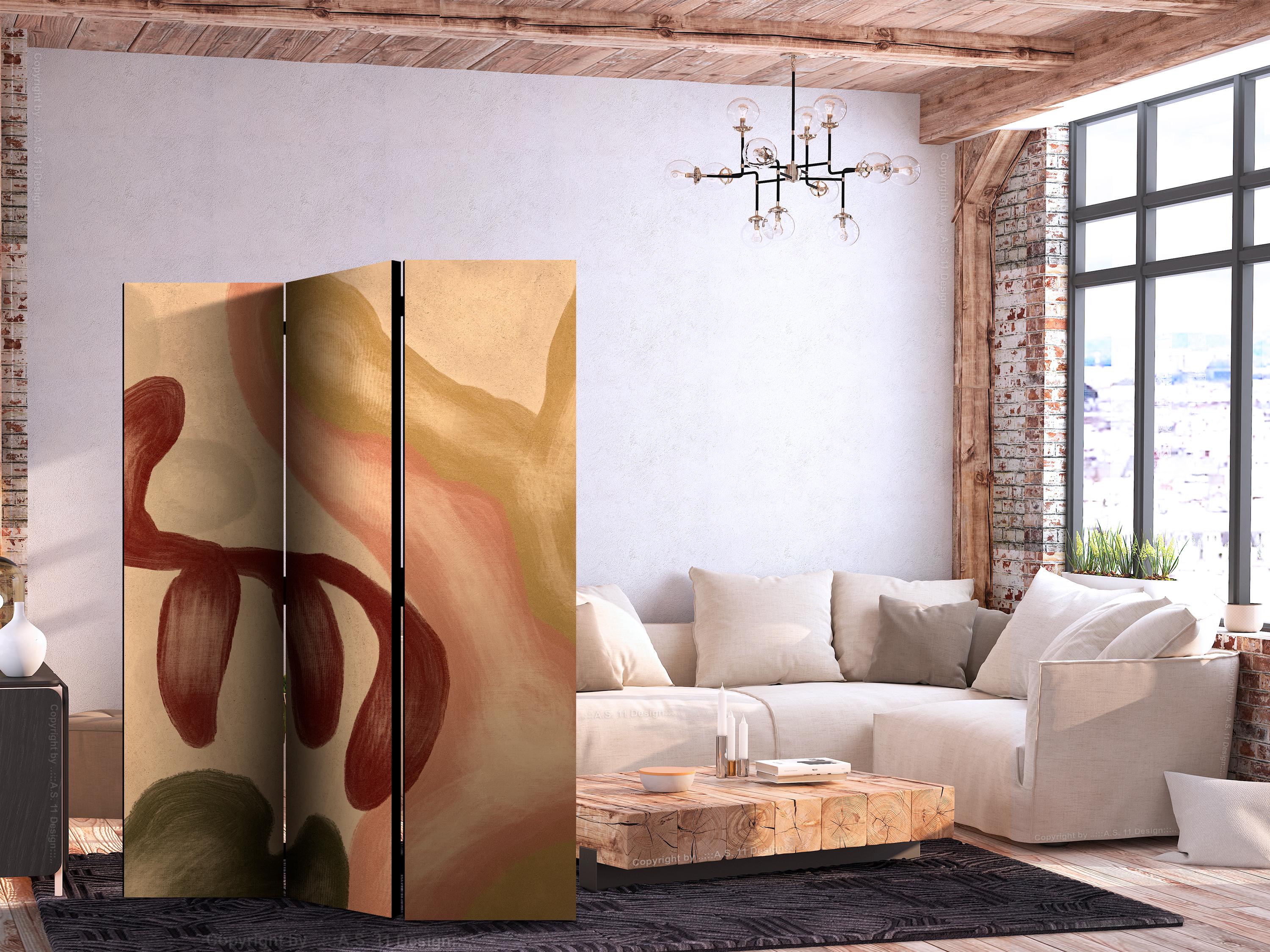Skærmvæg Worn Figures - 3-panels rumdeler med abstrakt motiv i varme farver - 135 x 172 cm - Akustik
