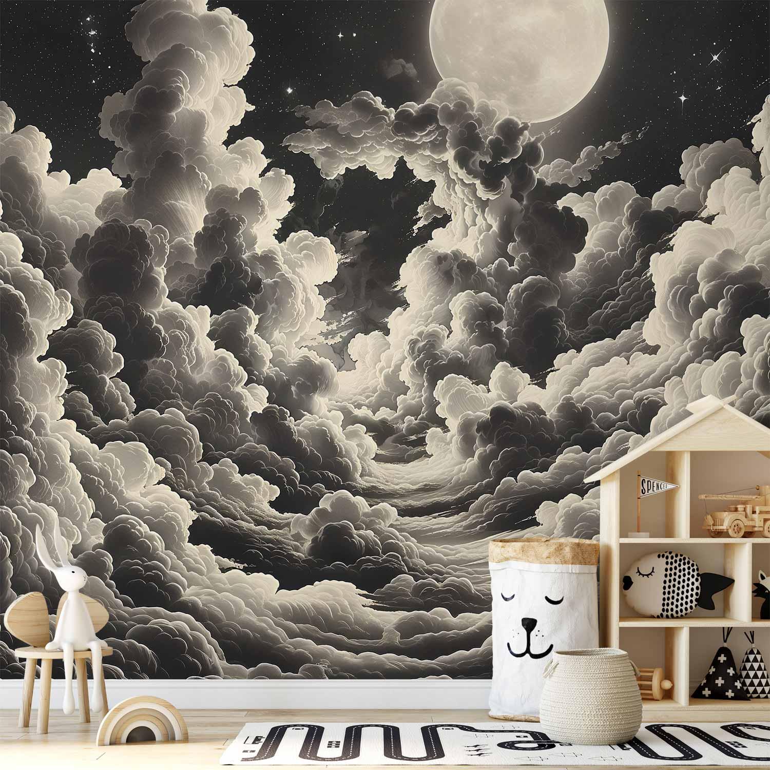 Fototapet Måne og stjerner blandt store skyer - 250 x 175 cm - Vandtæt