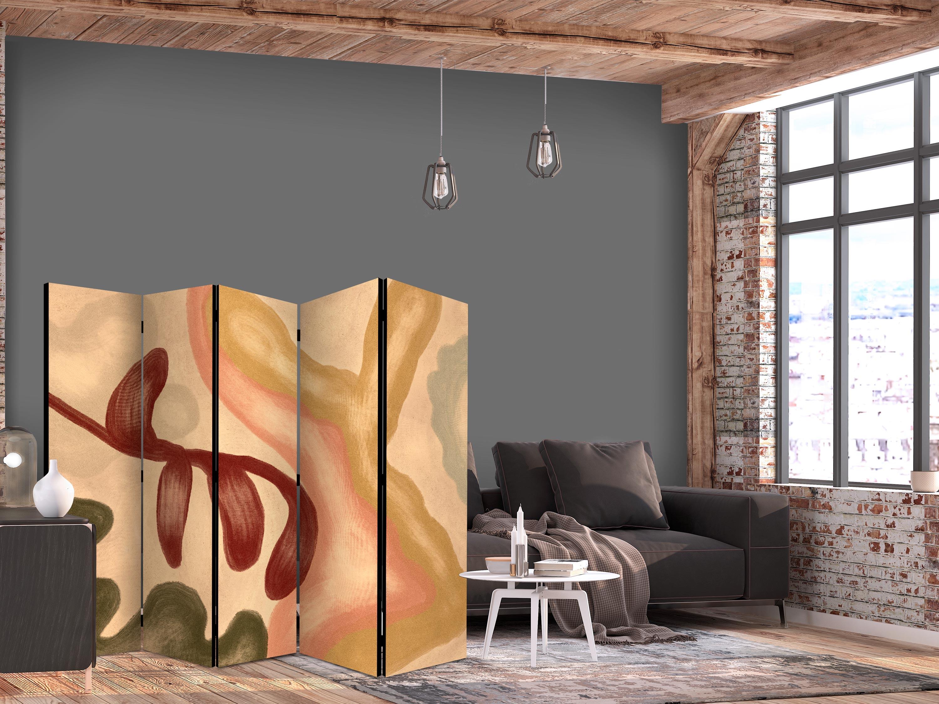 5-panels skærmvæg Worn Figures - former i kalkvaskteknik i varme farver - 225 x 172 cm - Akustik