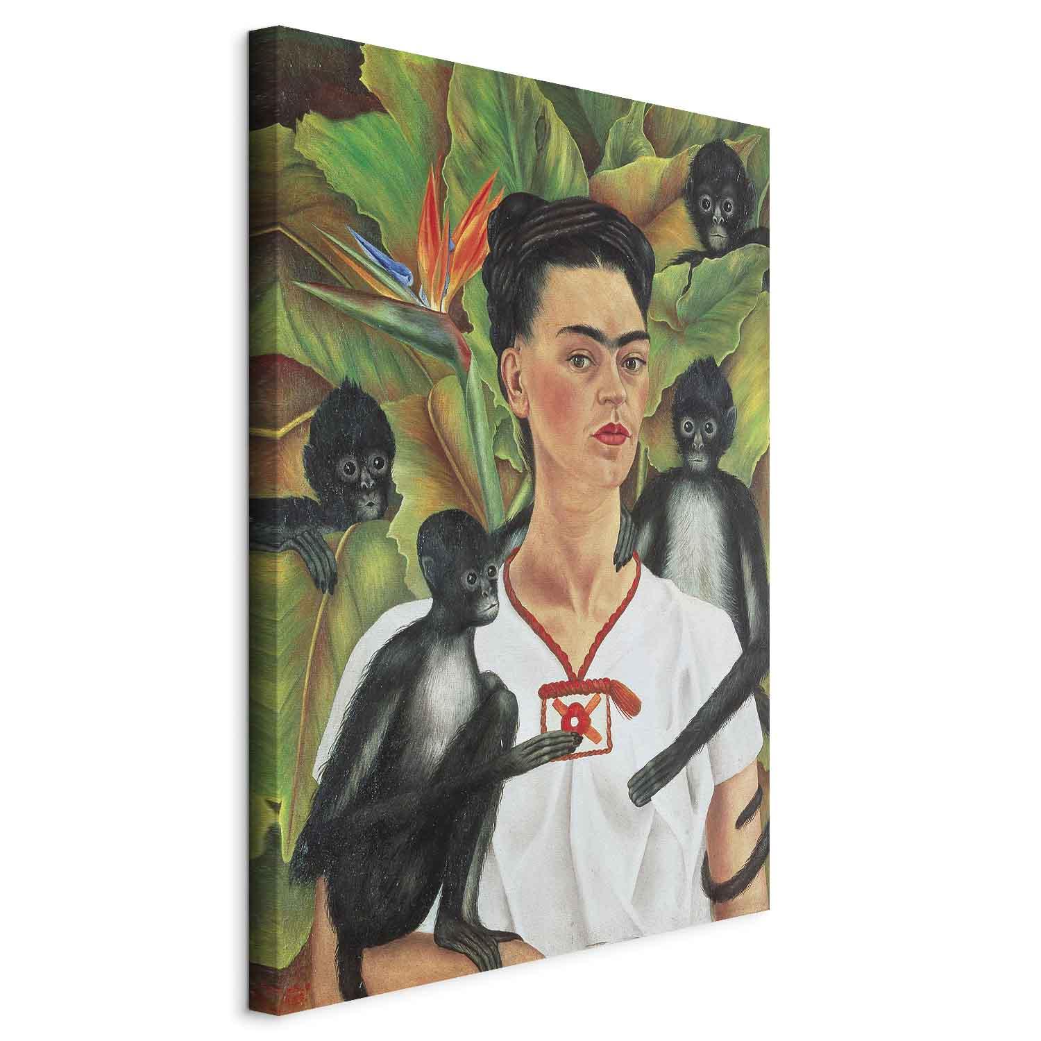 Billede på lærred Frida Kahlo - Selvportræt med aber - 20 x 30 cm - På italiensk lærred