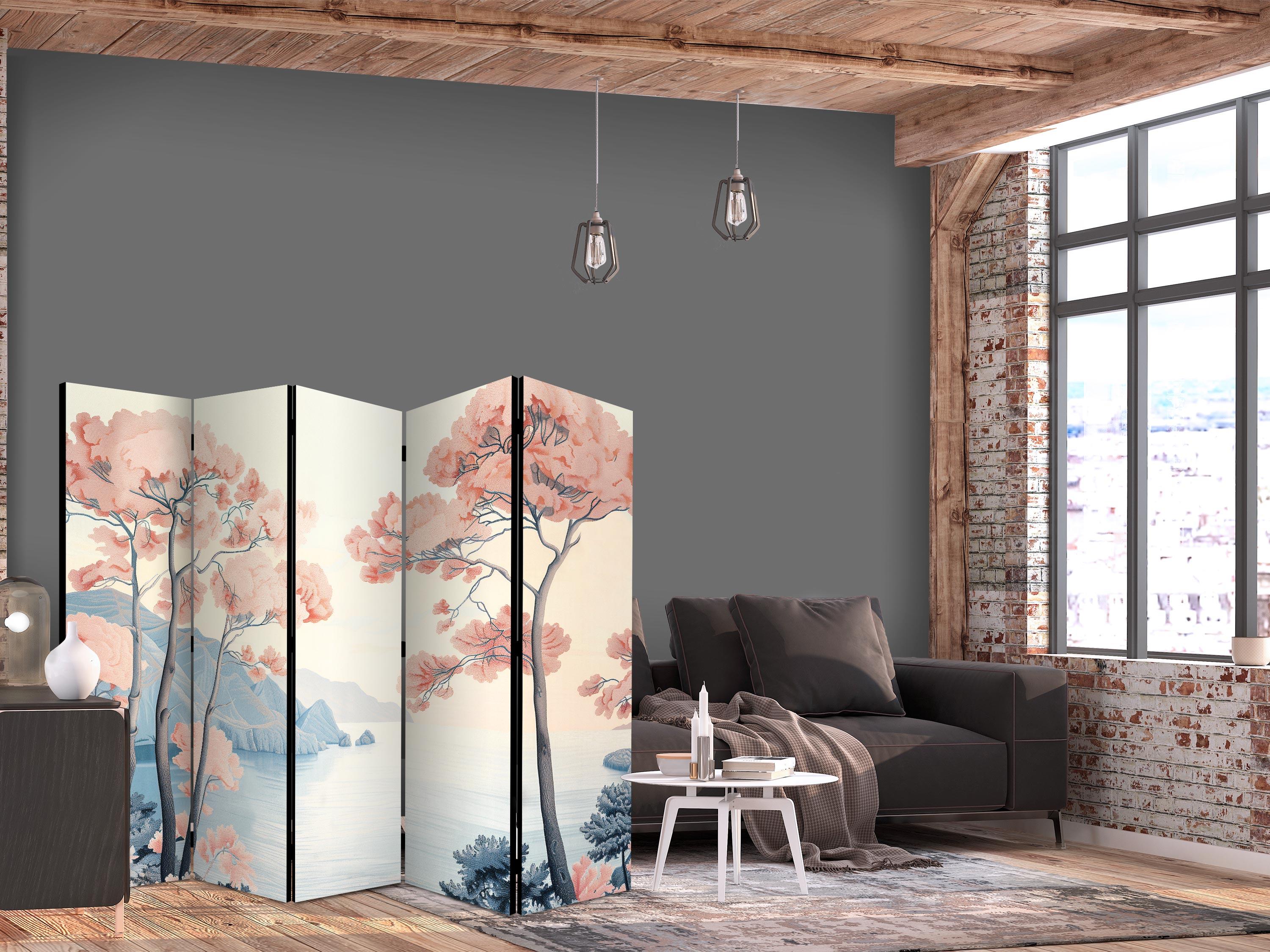 5-panels skærmvæg med landskab, havklipper og træer i sarte rosa nuancer 225 x 172 cm - 225 x 172 cm - Enkeltsiddet