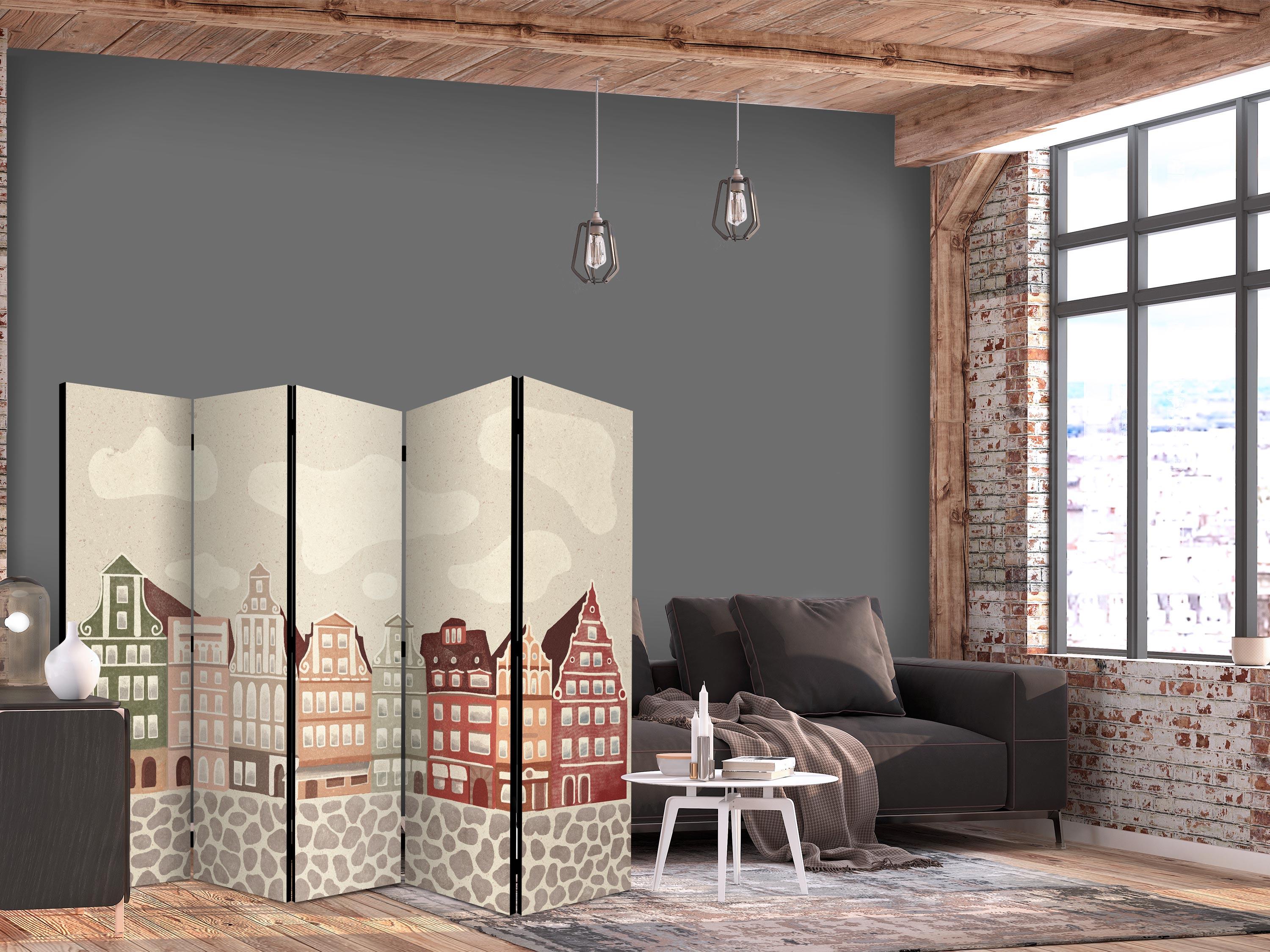 Salt Square 5-panels skærmvæg til børn - farverige byhuse mod himmel med skyer - 225 x 172 cm - Enkeltsiddet