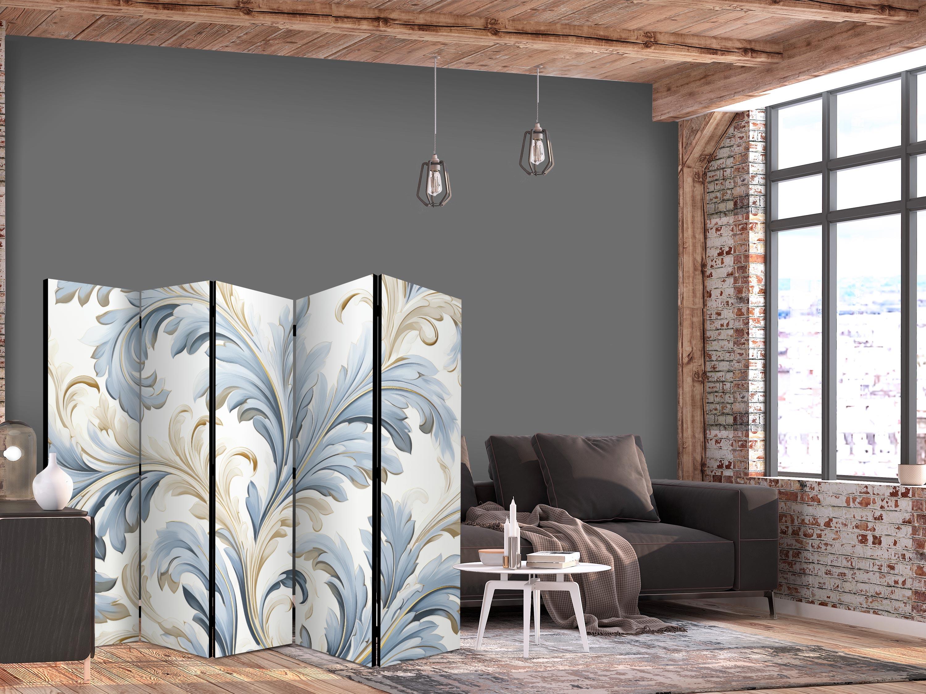 5-panels skærmvæg med barok blomsterdekor i lyse cremeblå nuancer 225 x 172 cm - 225 x 172 cm - Akustik
