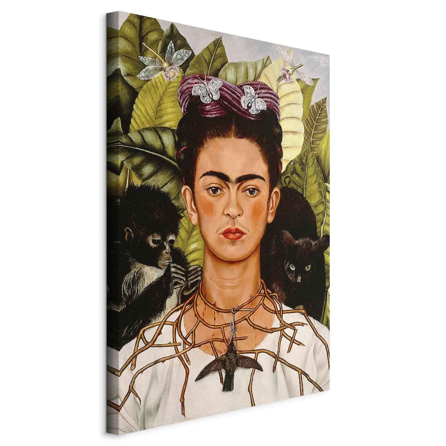 Frida Kahlo Selvportræt med tornhalskæde og kolibri lærredsbillede - 20 x 30 cm - På italiensk lærred