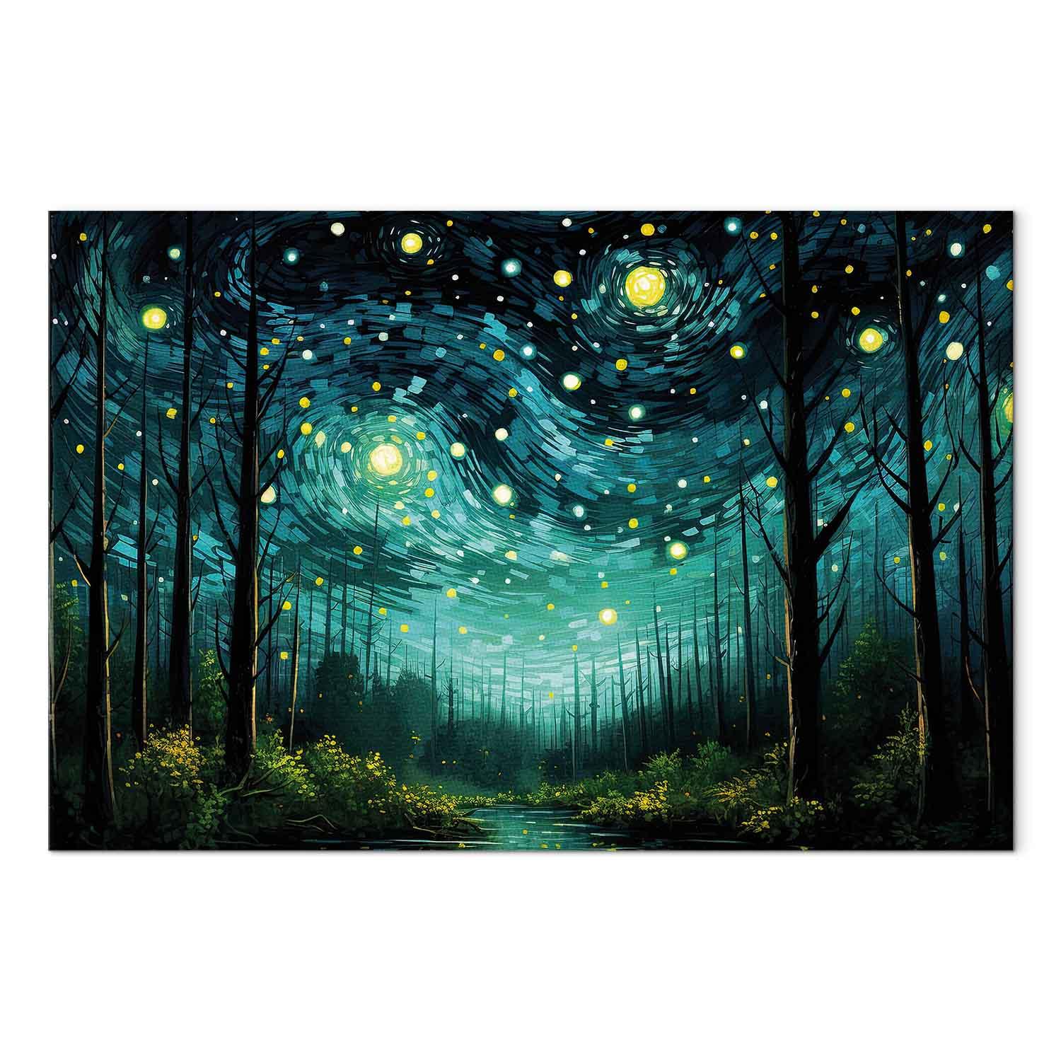 Lærredsbillede Stjernenat - moderne fortolkning af nattehimmel og landskab - 30 x 20 cm - Akustisk