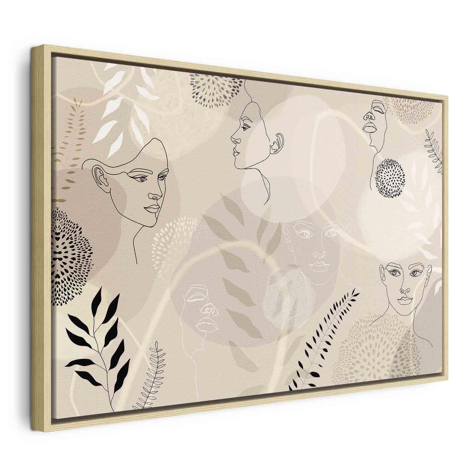 Lærredsbillede - Feminin line art - 120 x 80 cm - I en naturlig træramme
