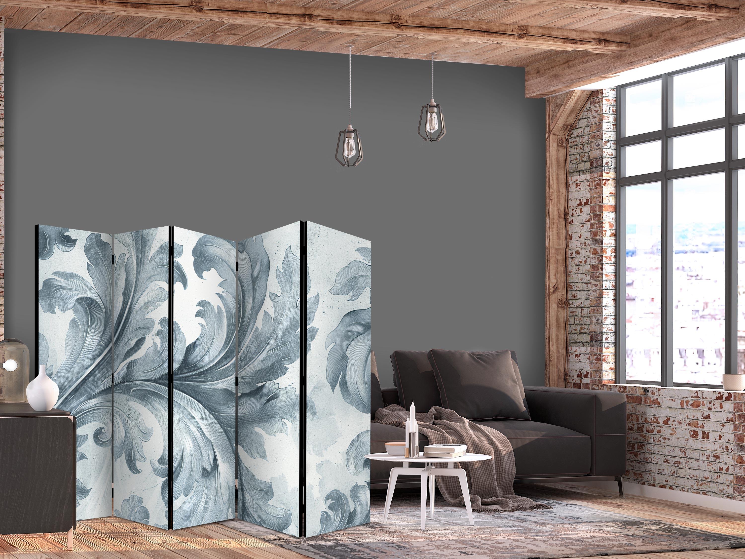 5-panels skærmvæg med barok blomsterdesign i lyse grå og blå nuancer 225 x 172 cm - 225 x 172 cm - Akustik