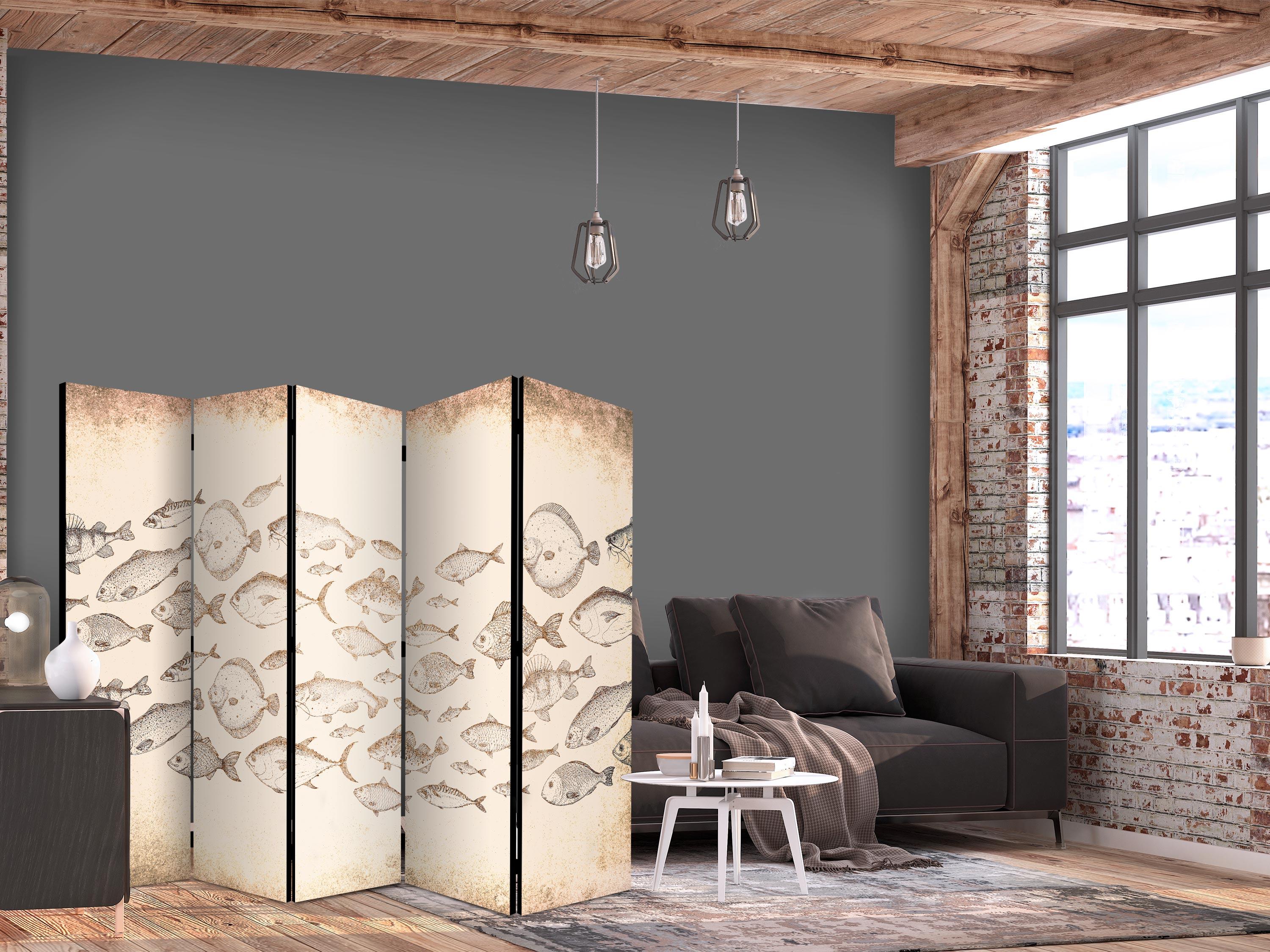 5-panels rumdeler med fiskemotiv 225 x 172 cm - vintage beige - 225 x 172 cm - Akustik