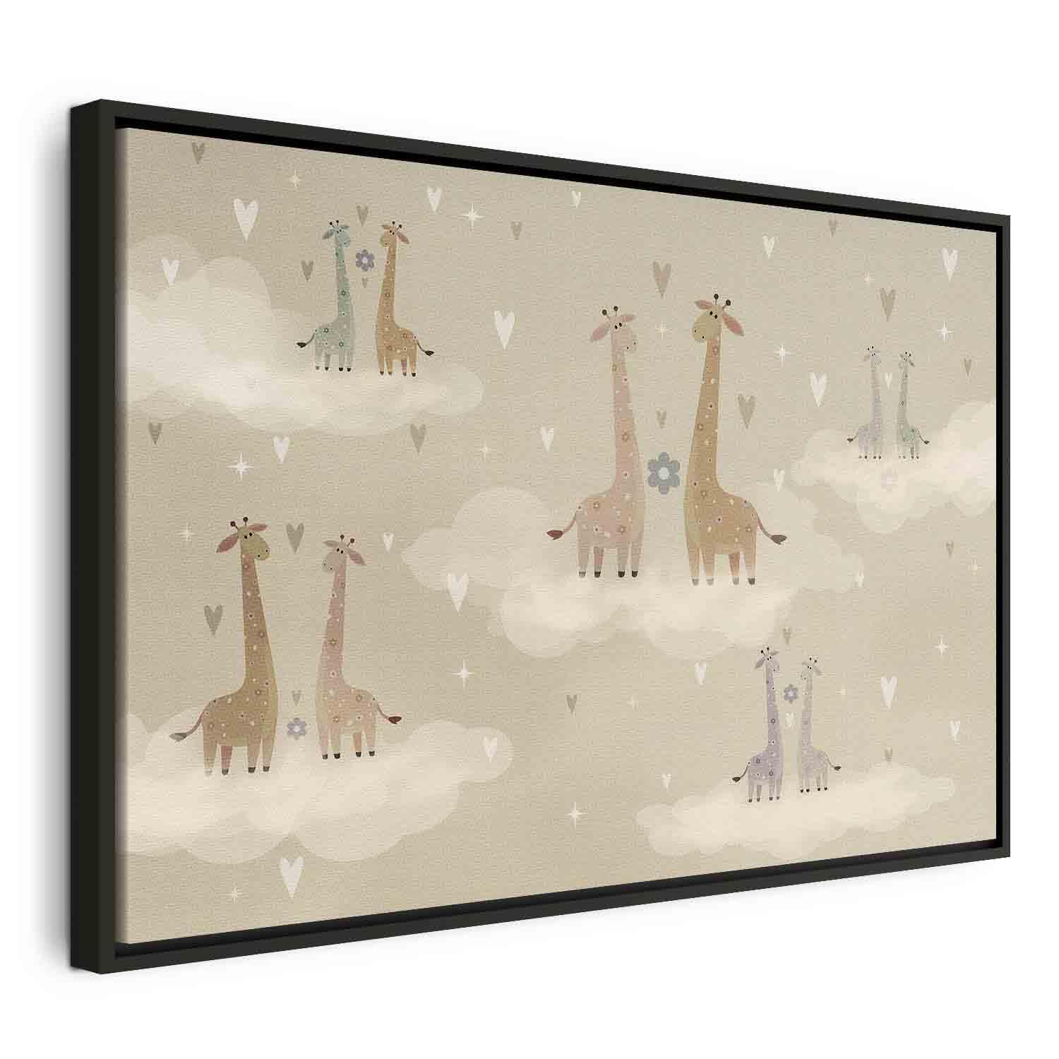 Lærredsbillede Love - farverige giraffer på skyer til børneværelset - 90 x 60 cm - I en sort træramme