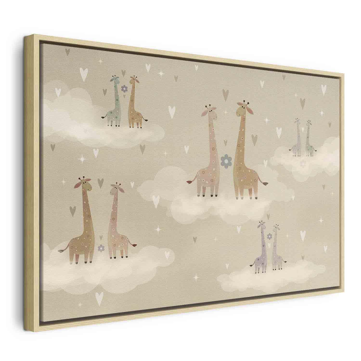 Lærredsbillede Love - farverige giraffer på skyer til børneværelset - 90 x 60 cm - I en naturlig træramme