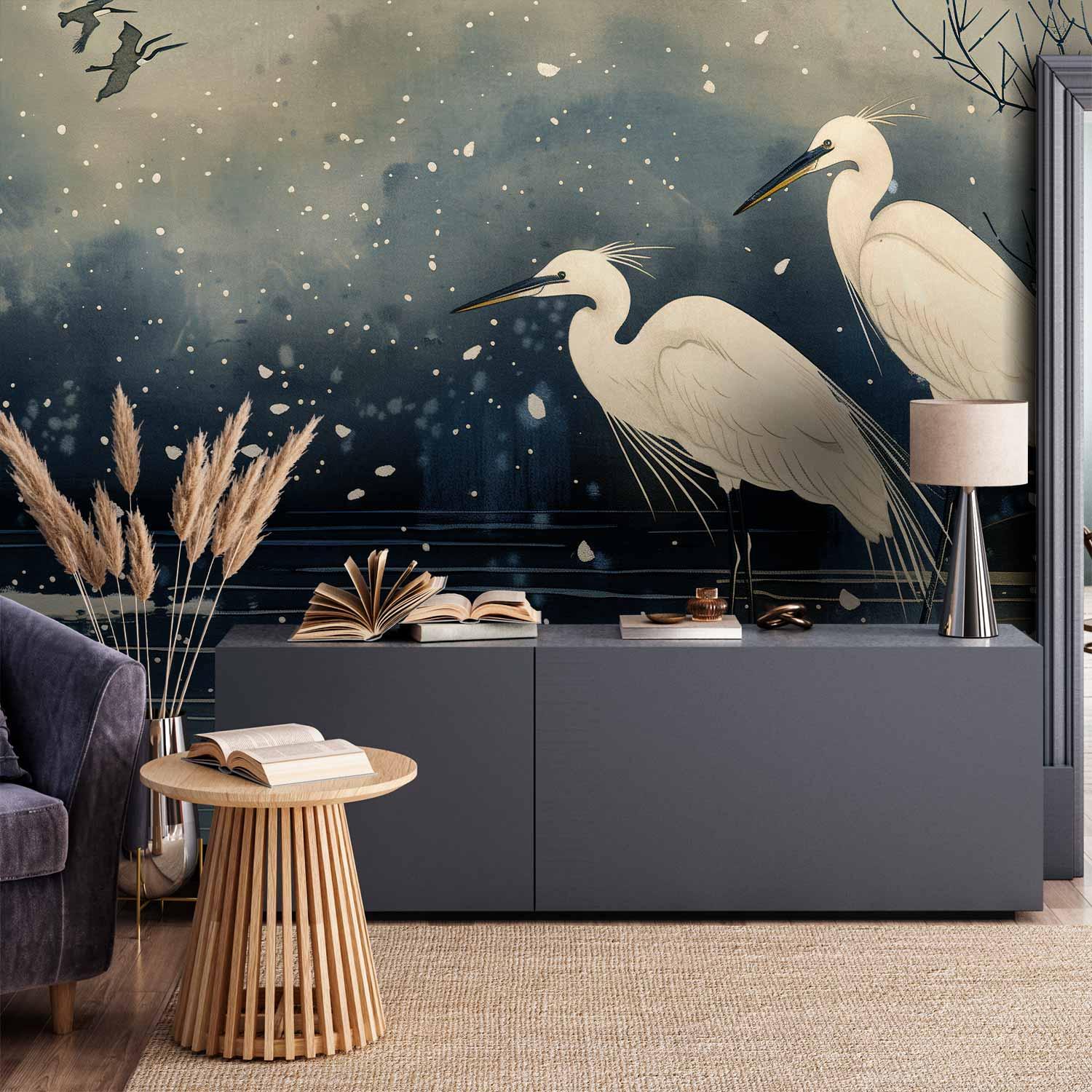 Fototapet med hejrer over vinterdam i japansk stil - 250 x 175 cm - Standard