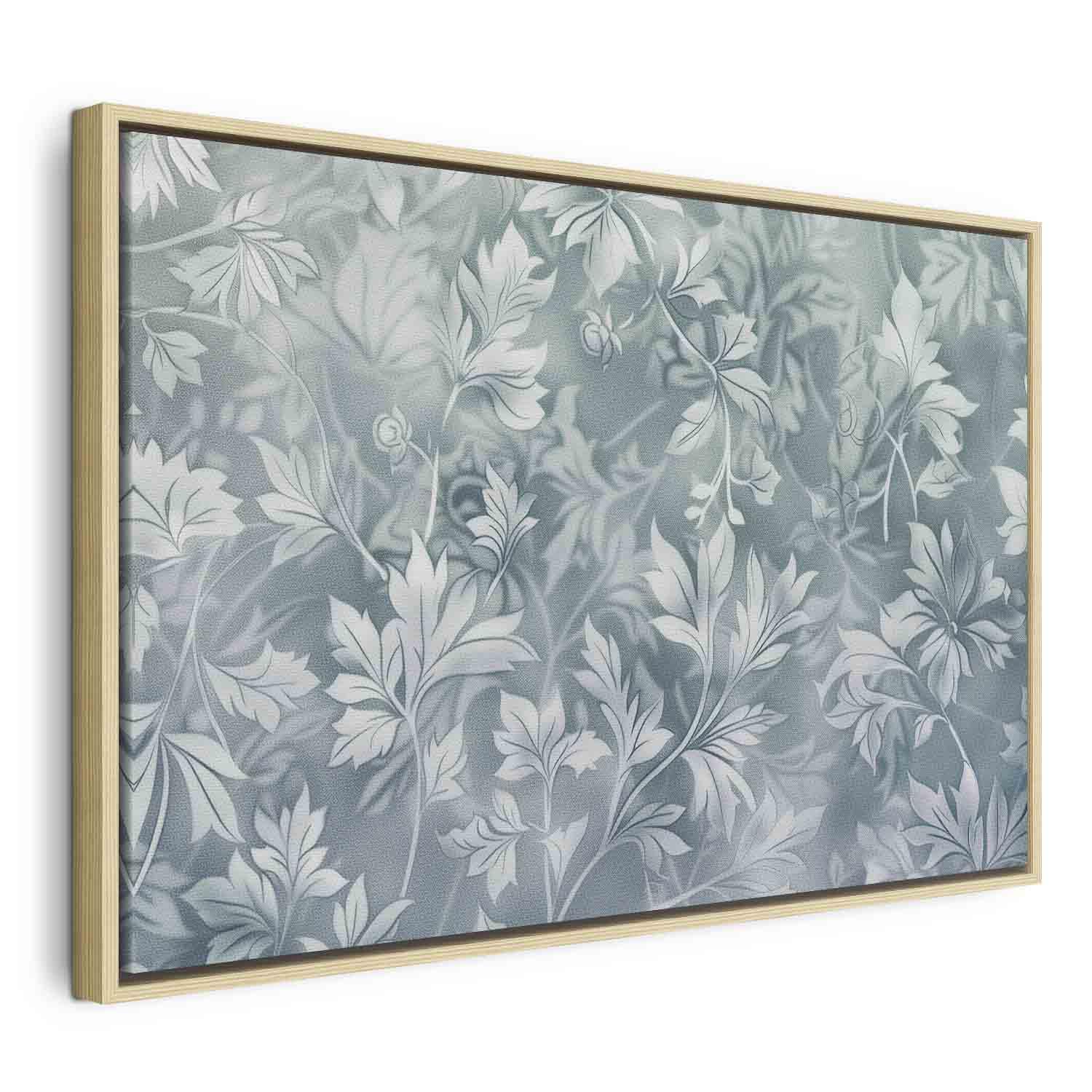 Lærredsbillede med planteornamenter i støvet turkis - 120 x 80 cm - I en naturlig træramme