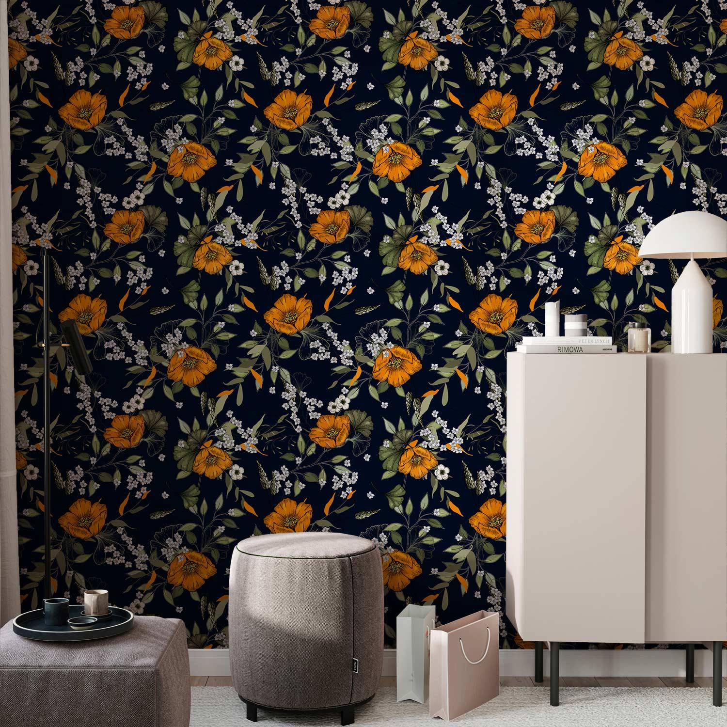 Blomstertapet Orange Bloom til vægdekoration - 50 x 1000 cm - Standard