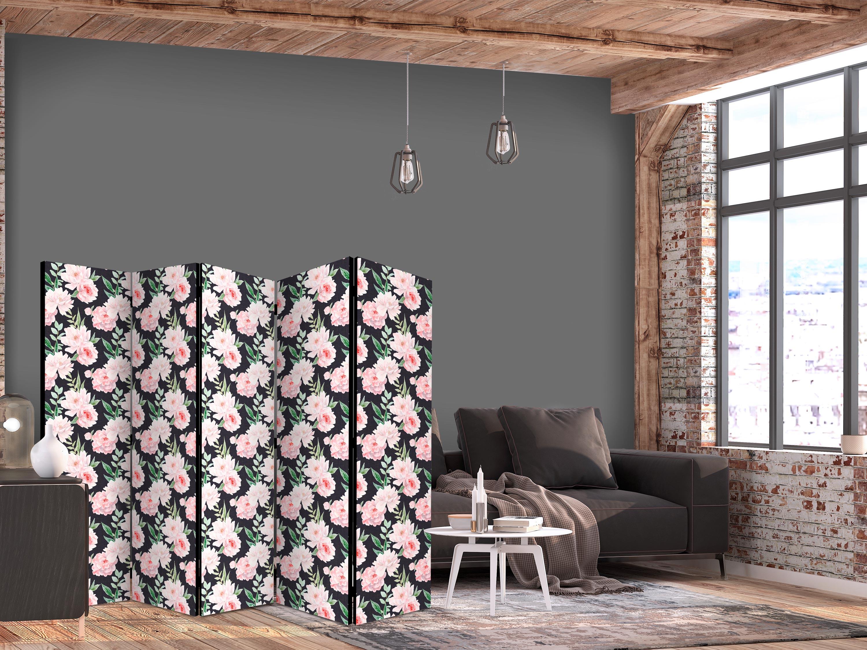 5-panels skærmvæg med pæoner - pink blomster på grafitbaggrund - 225 x 172 cm - Enkeltsiddet