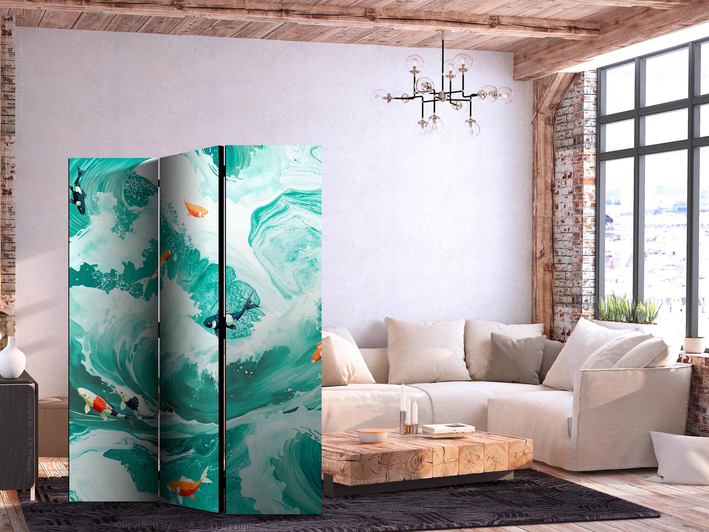 3-panels skærmvæg med koi-fisk blandt bølger i turkis og hvid 135 x 172 cm - 135 x 172 cm - Akustik
