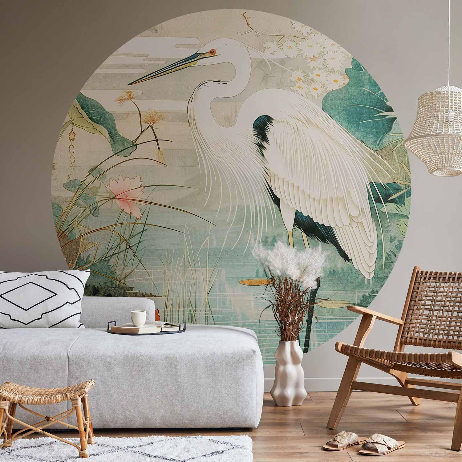 Rundt fototapet med hejre ved asiatisk dam - 140 x 140 cm