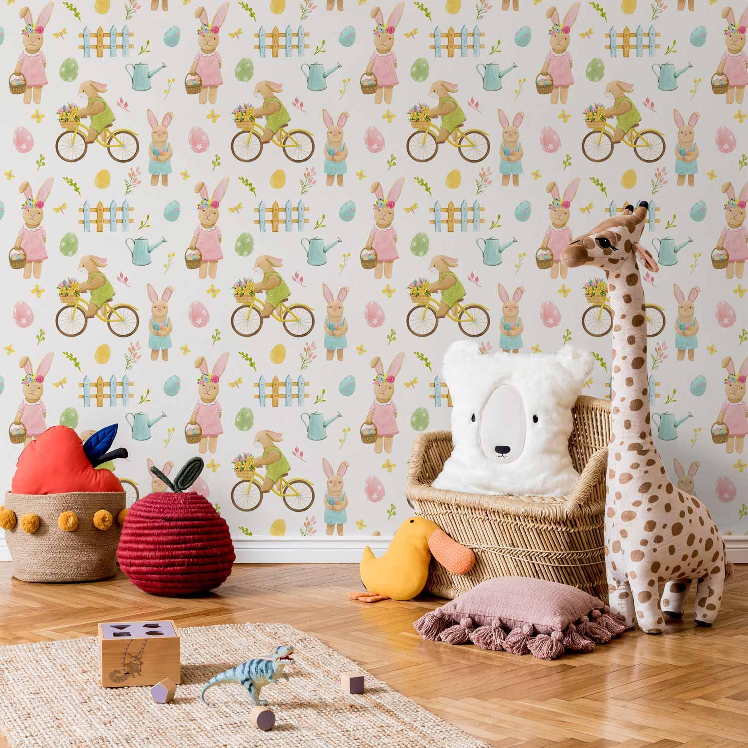 Børnetapet Bunny Idyll med kaniner - 50 x 1000 cm - Standard