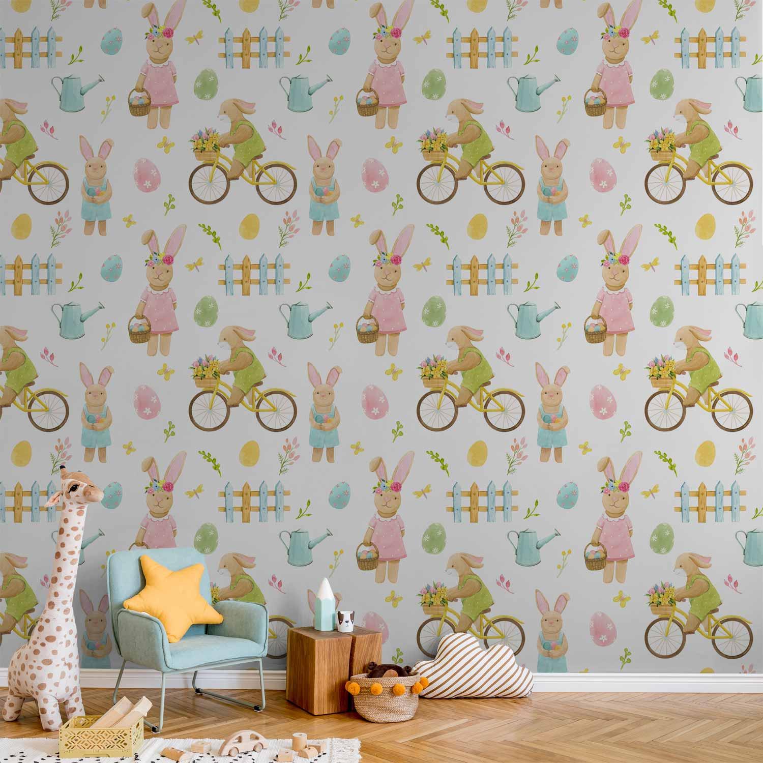 Børnetapet Bunny Idyll med kaniner - 50 x 1000 cm - Vandtæt