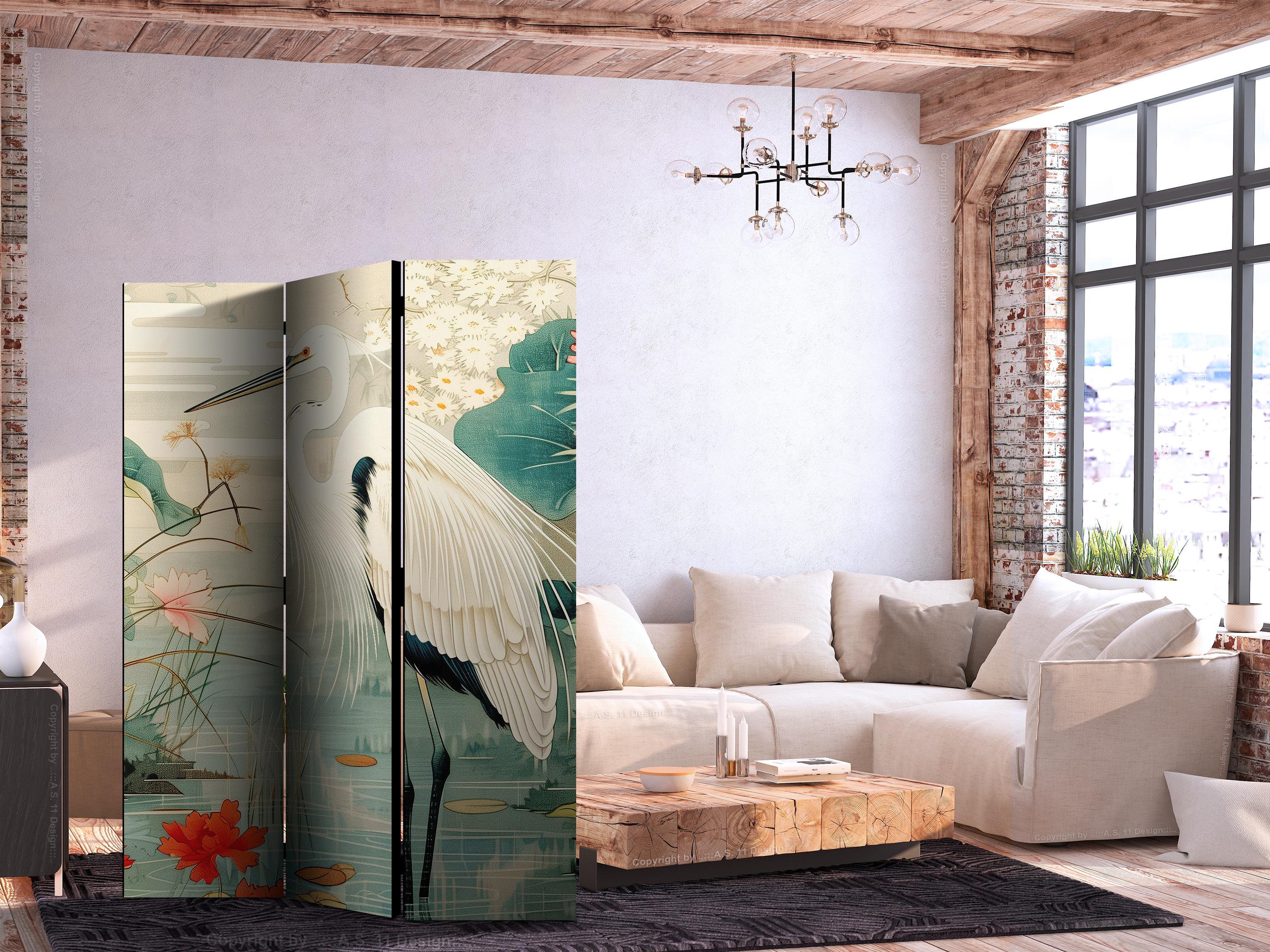 Skærmvæg med hejre ved asiatisk sø - japansk rumdeler 135 x 172 cm - 135 x 172 cm - Dobbeltsiddet