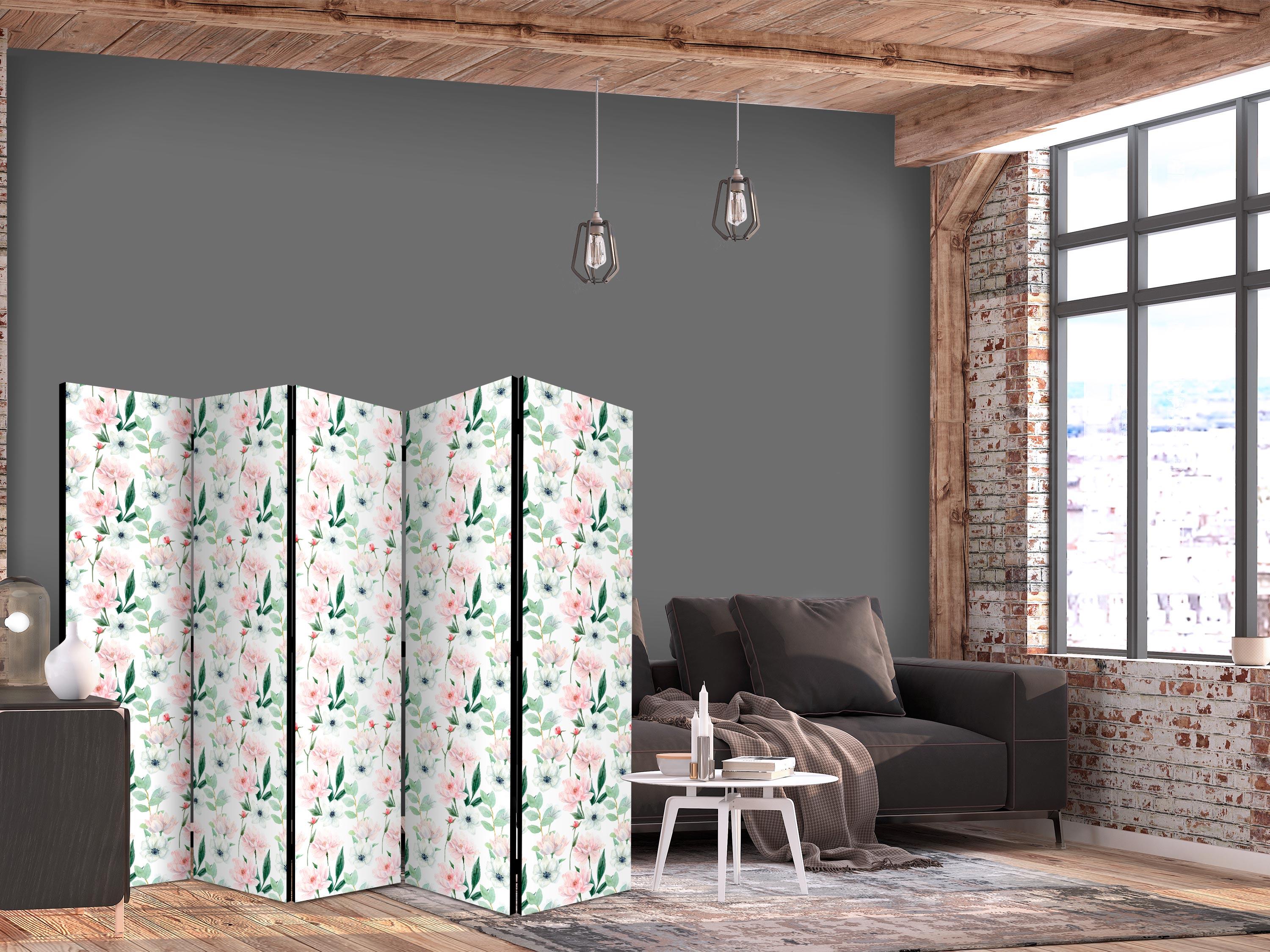 5-panels skærmvæg Peoner 225 x 172 cm - lyserøde og hvide blomster - 225 x 172 cm - Akustik