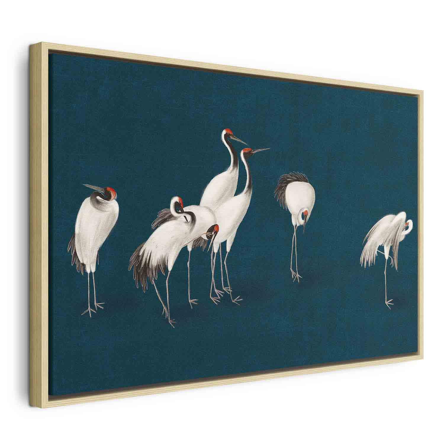 Lærredsbillede Aften ved dammen med traner - 90 x 60 cm - I en naturlig træramme