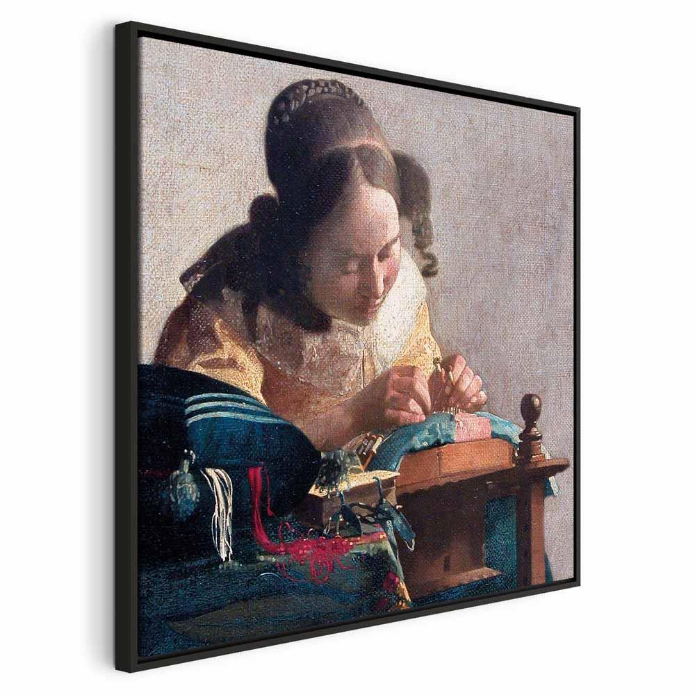 Jan Vermeer - Kniplersken lærredsbillede - 80 x 80 cm - I en sort træramme