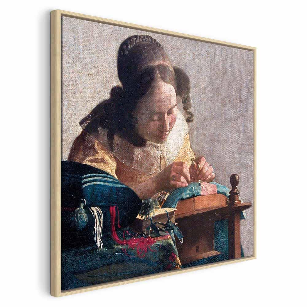 Jan Vermeer - Kniplersken lærredsbillede - 40 x 40 cm - I en naturlig træramme