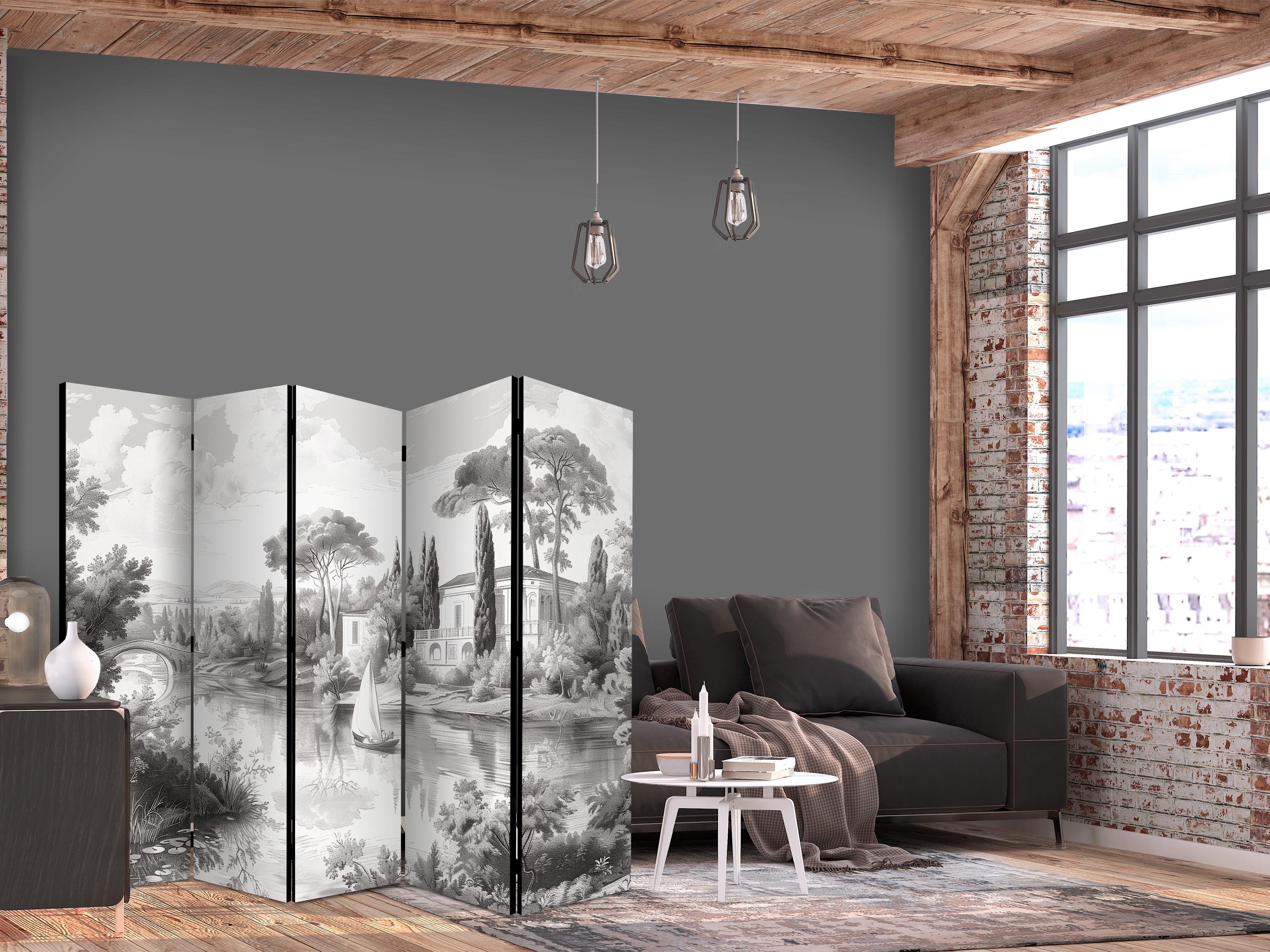 Skærmvæg 5 paneler med sort-hvidt vintage landskab - retro udsigt over dam med båd - 225 x 172 cm - Enkeltsiddet