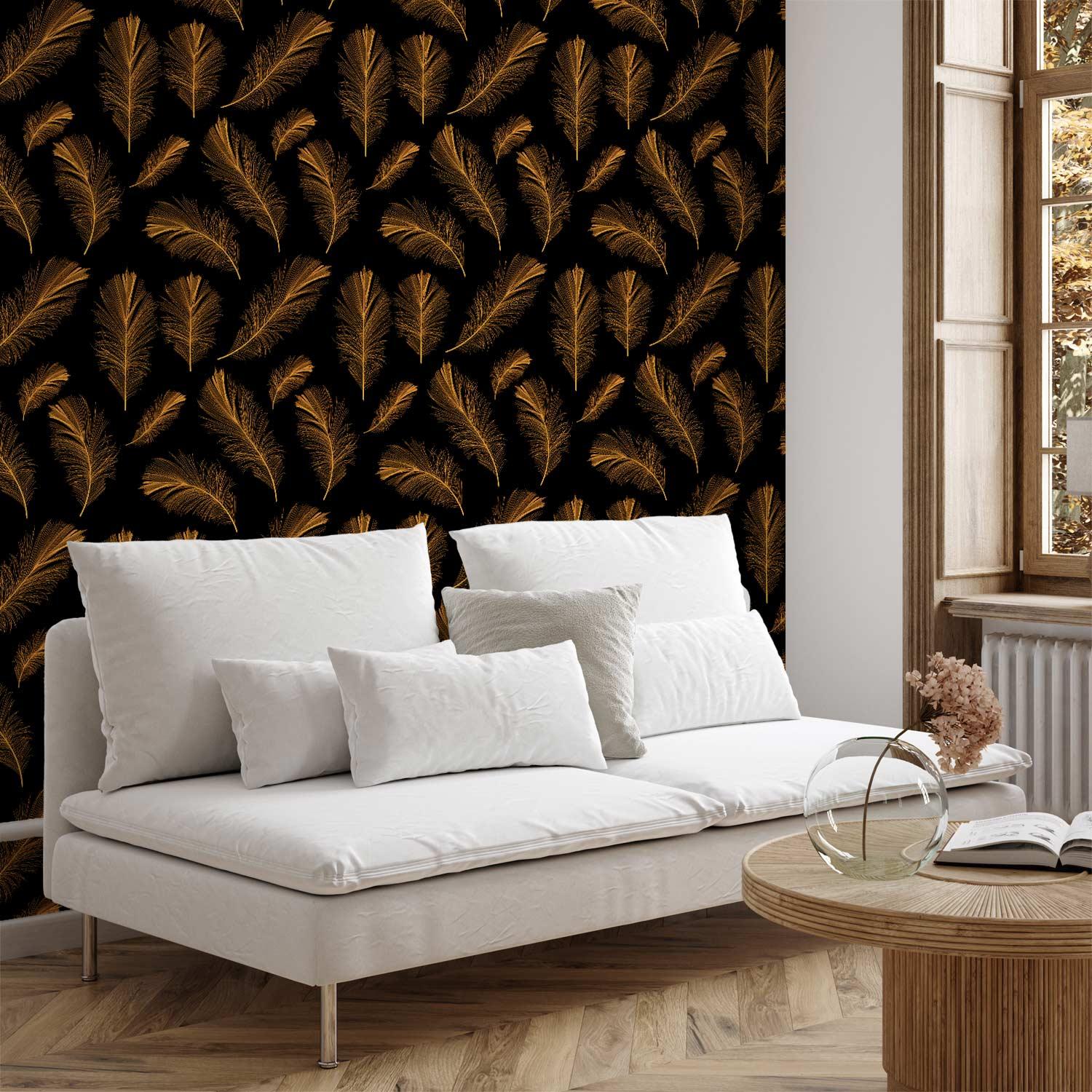 Tapet Gyldent Suk med fjer - fototapet i non-woven - 50 x 1000 cm - Standard