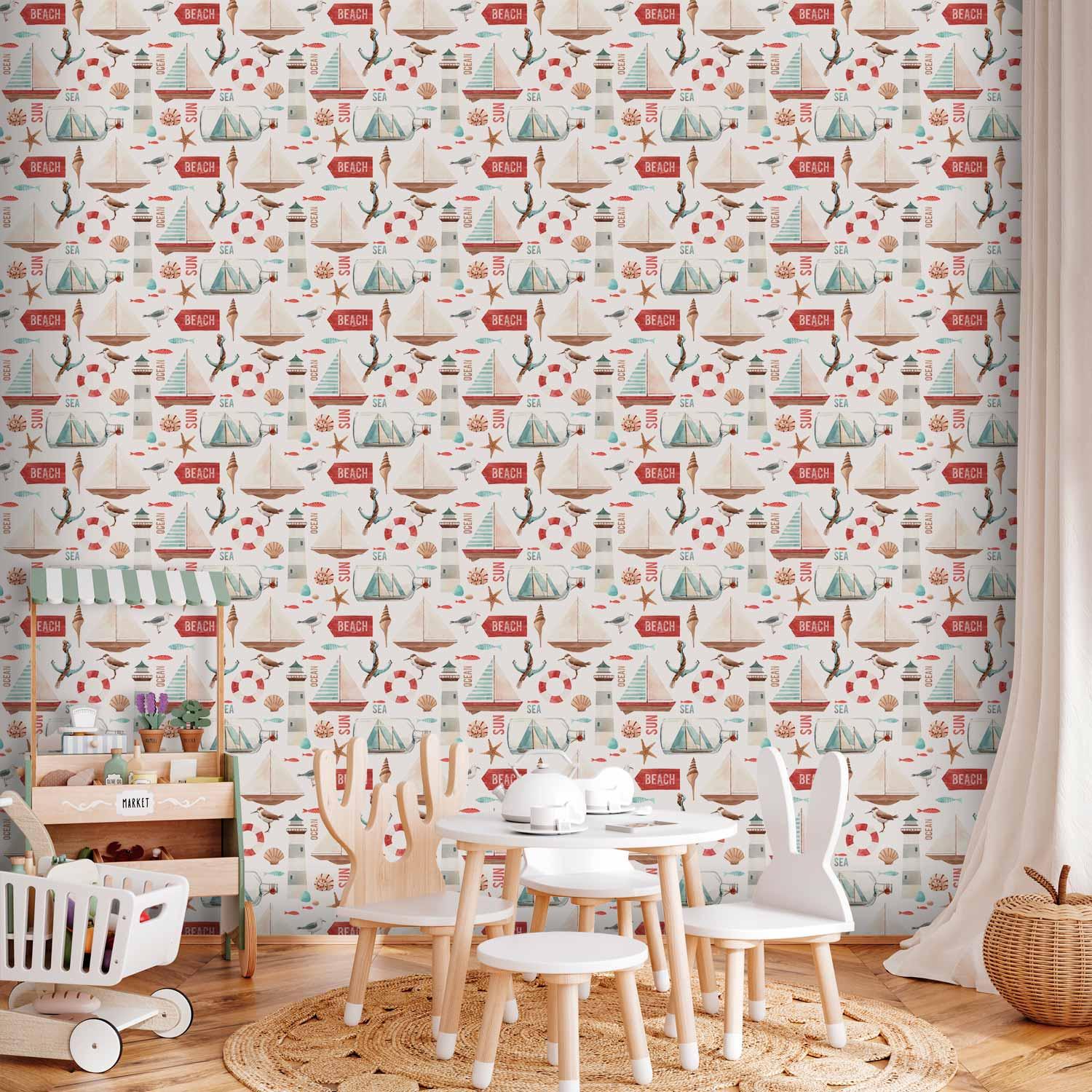 Børnetapet Feriekrydstogt med maritime motiver - 50 x 1000 cm - Standard