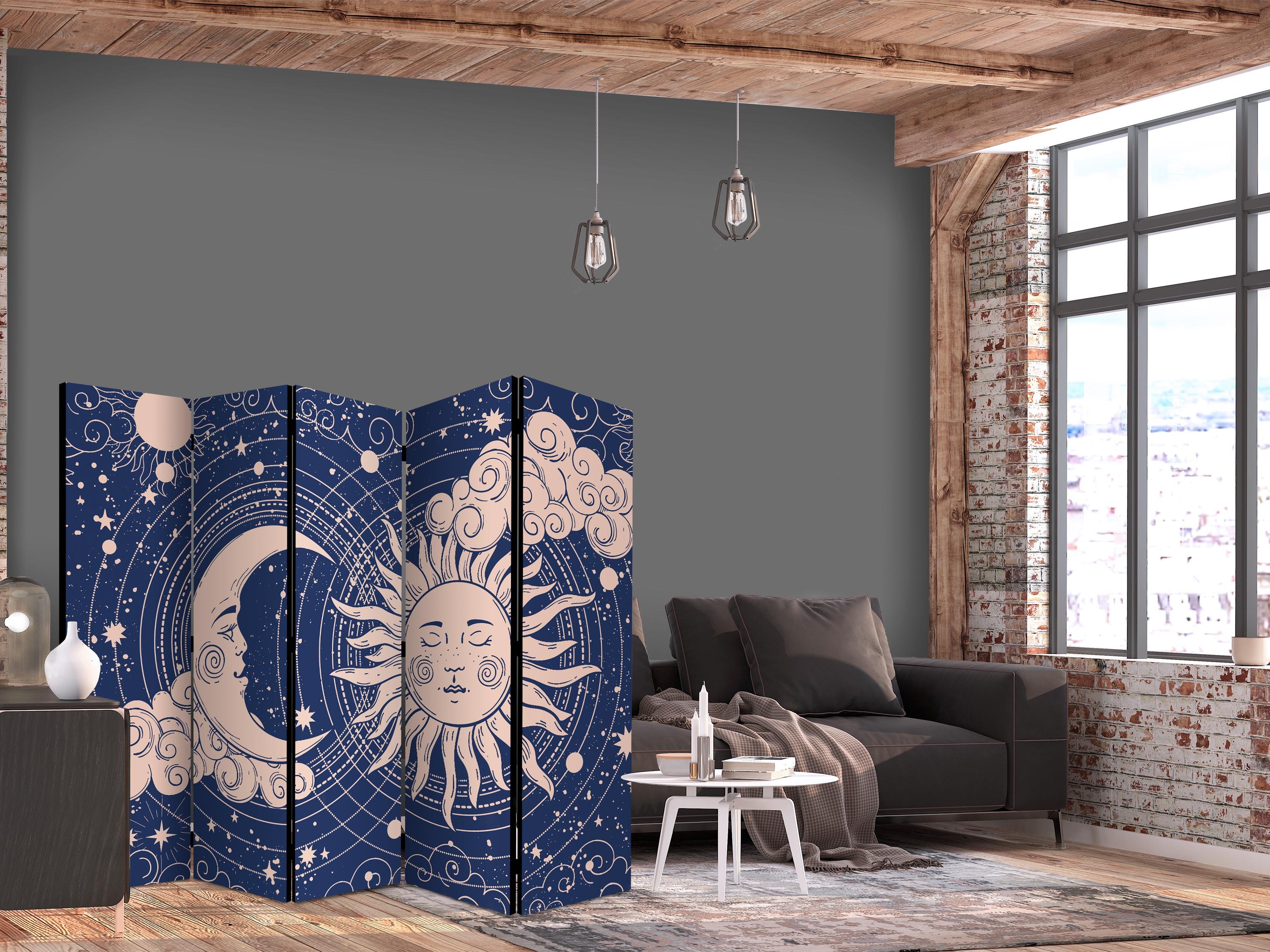 Skærmvæg Cosmic Harmony 225 x 172 cm - 5-panel rumdeler med sol og måne - 225 x 172 cm - Enkeltsiddet