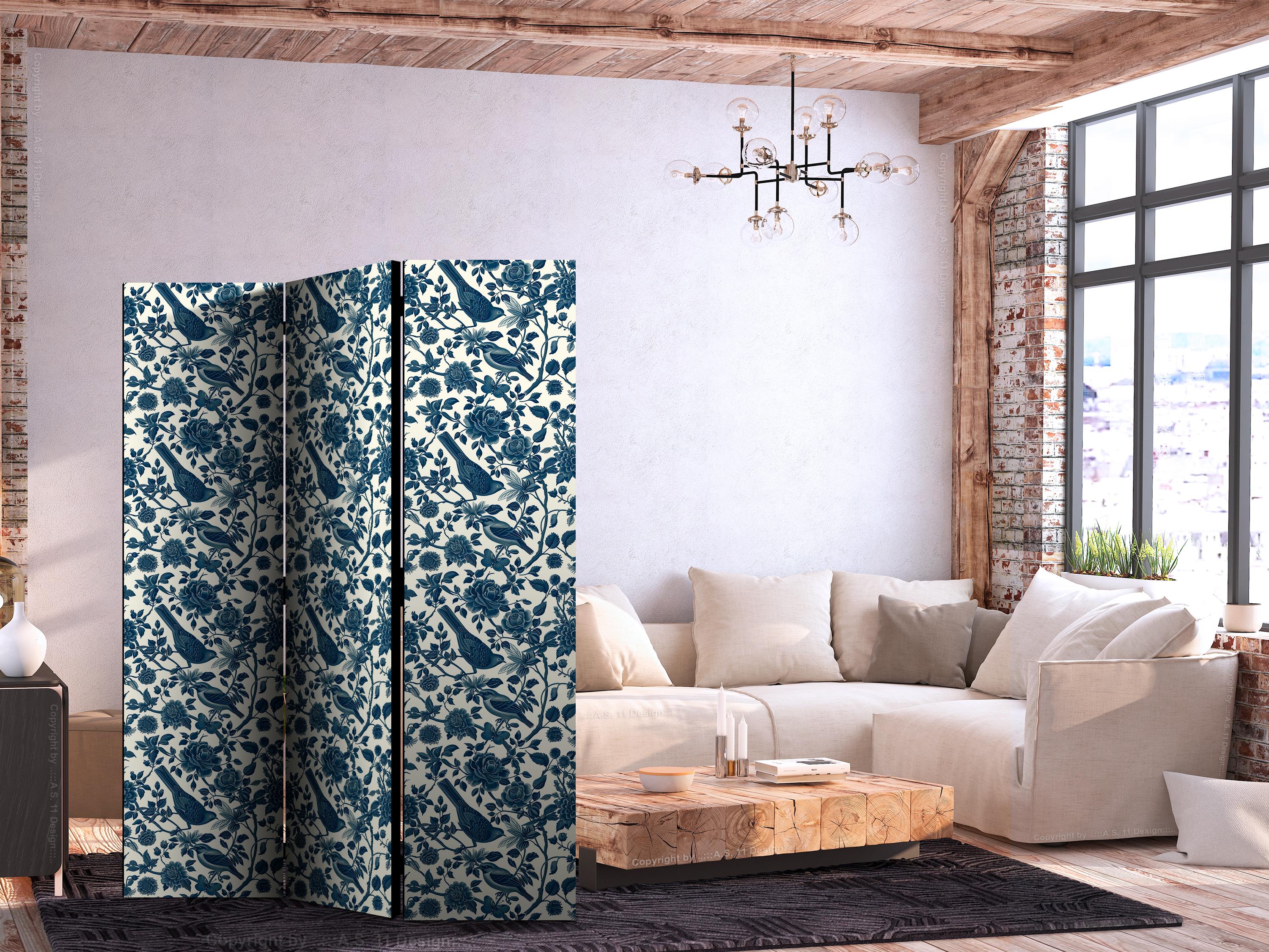 3-panels skærmvæg Rose Vines med blå fugle og roser 135 x 172 cm - 135 x 172 cm - Akustik