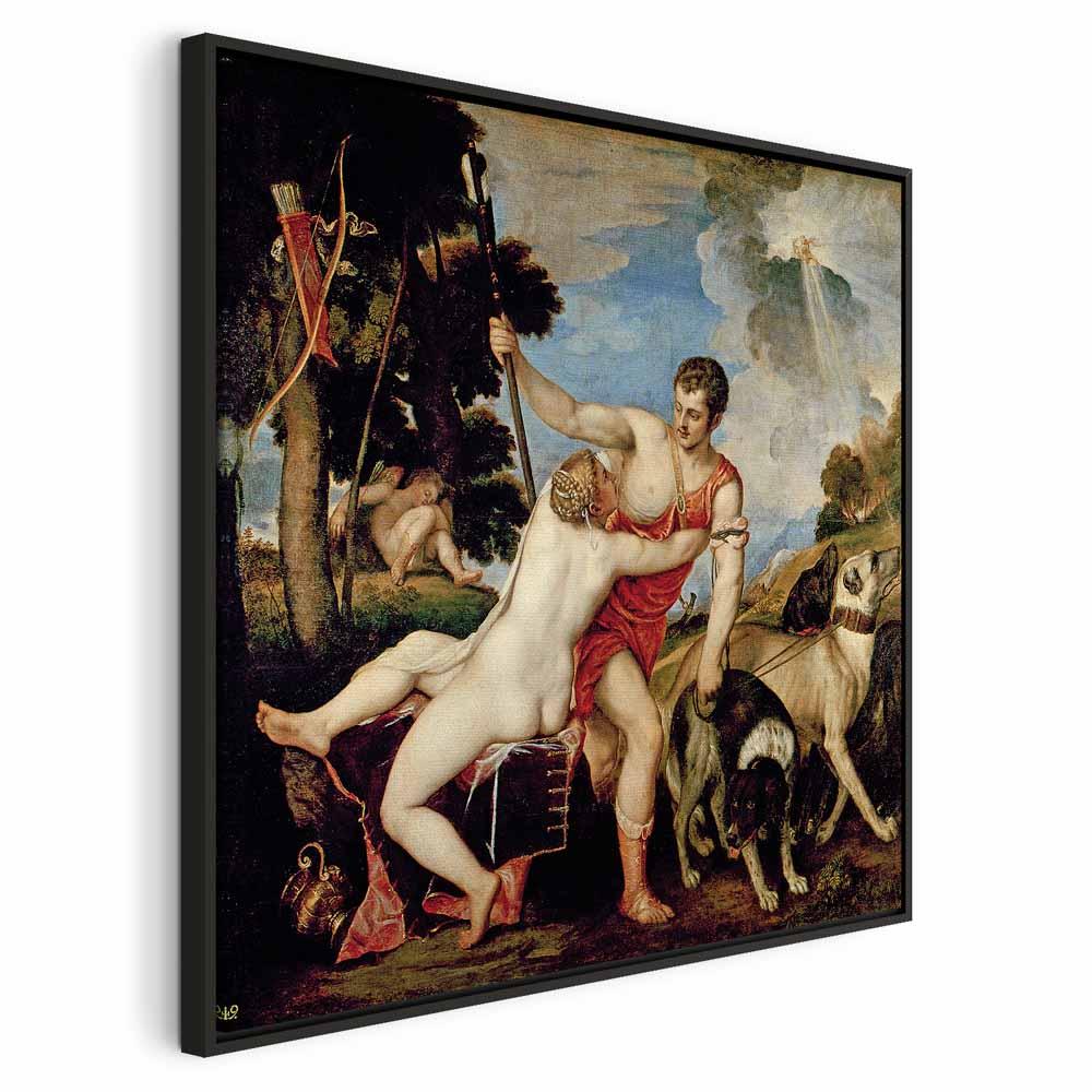 Titian Venus og Adonis billede på lærred - 40 x 40 cm - I en sort træramme