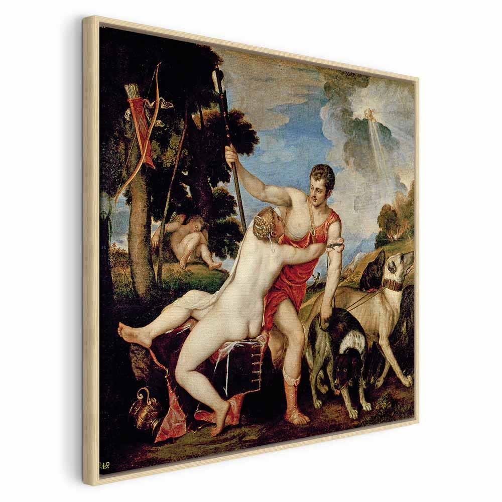 Titian Venus og Adonis billede på lærred - 40 x 40 cm - I en naturlig træramme