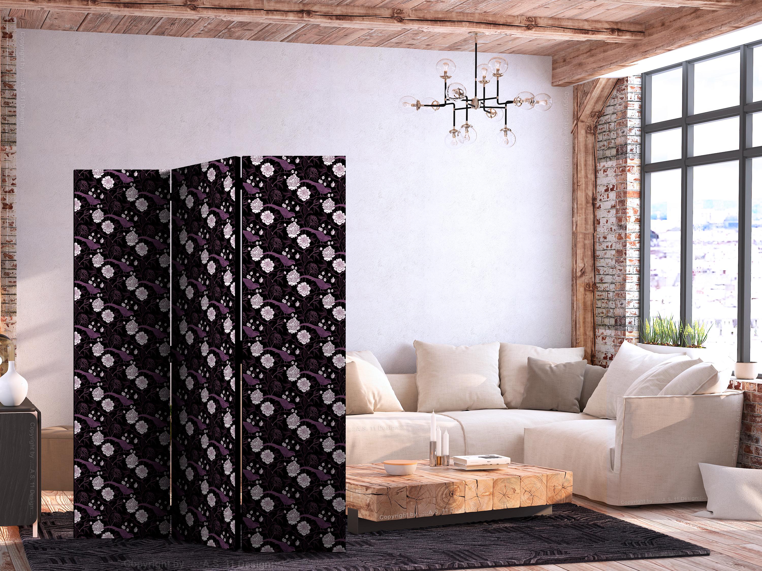 Skærmvæg med blomster og fugle - Fasaner blandt pæoner - lilla - 135 x 172 cm - Akustik