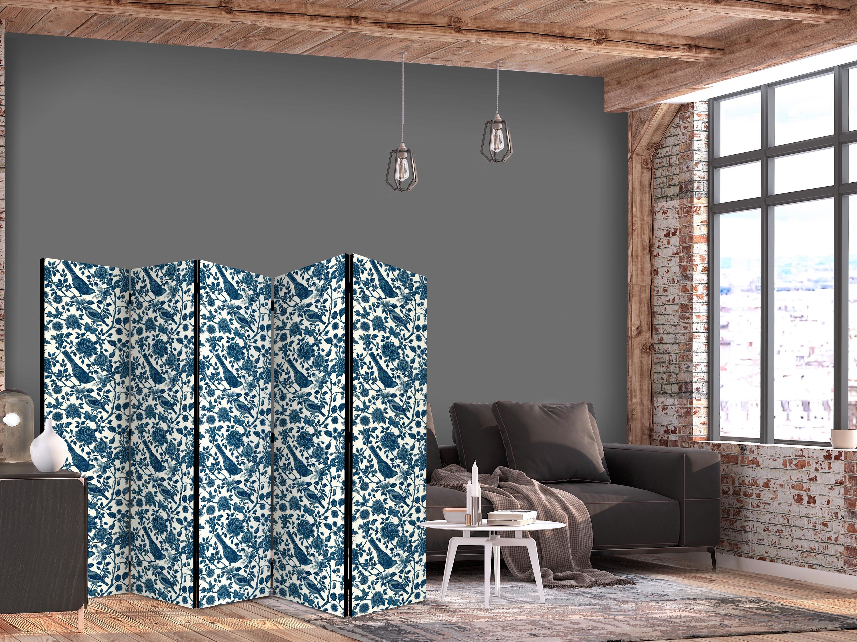 5-panels skærmvæg med blå fugle og roser - 225 x 172 cm - Akustik