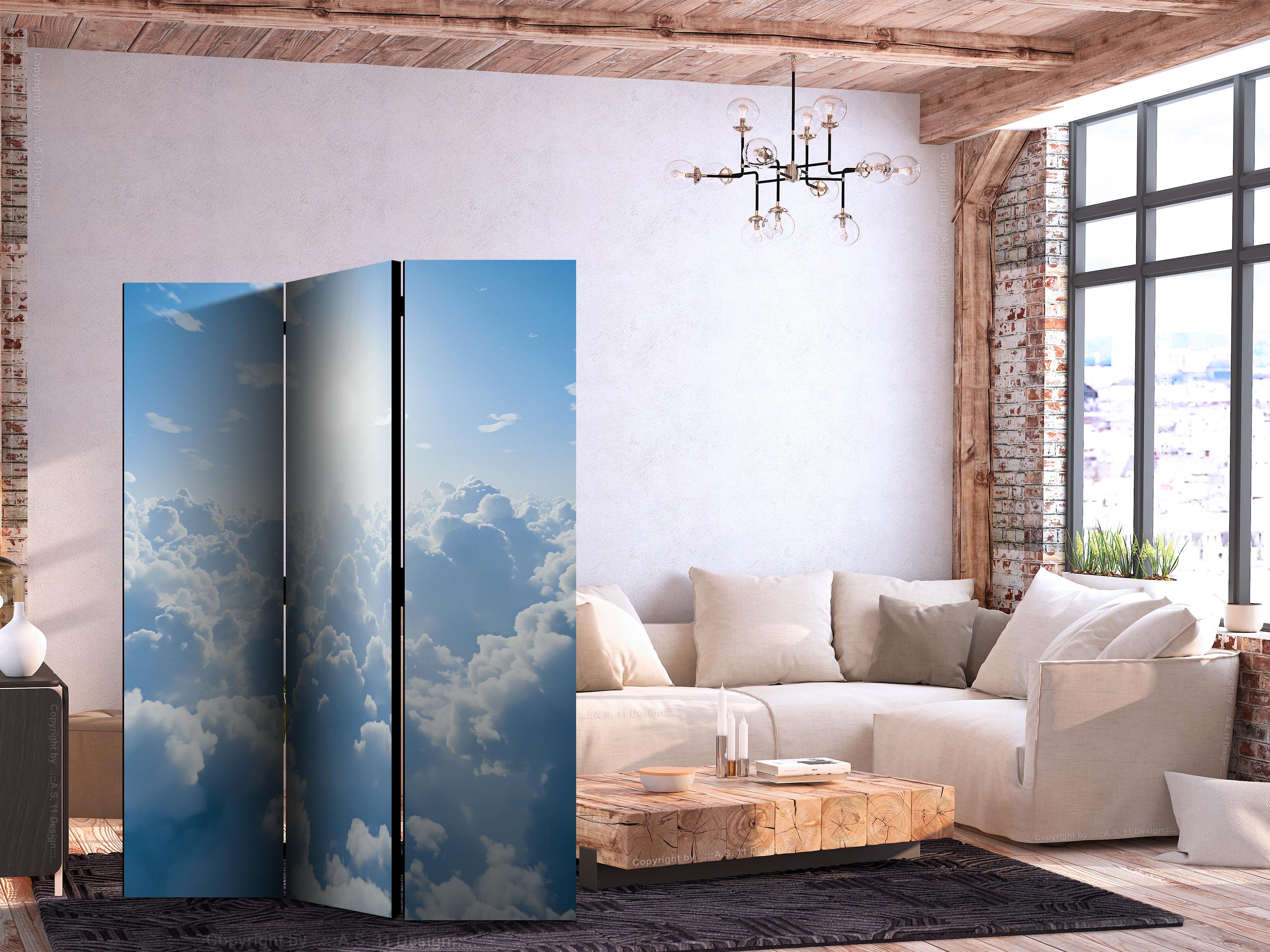 Skærmvæg Himmelsk Ro: Solens Varme Stråler - 3-panels rumdeler med himmel og skyer - 135 x 172 cm - Akustik