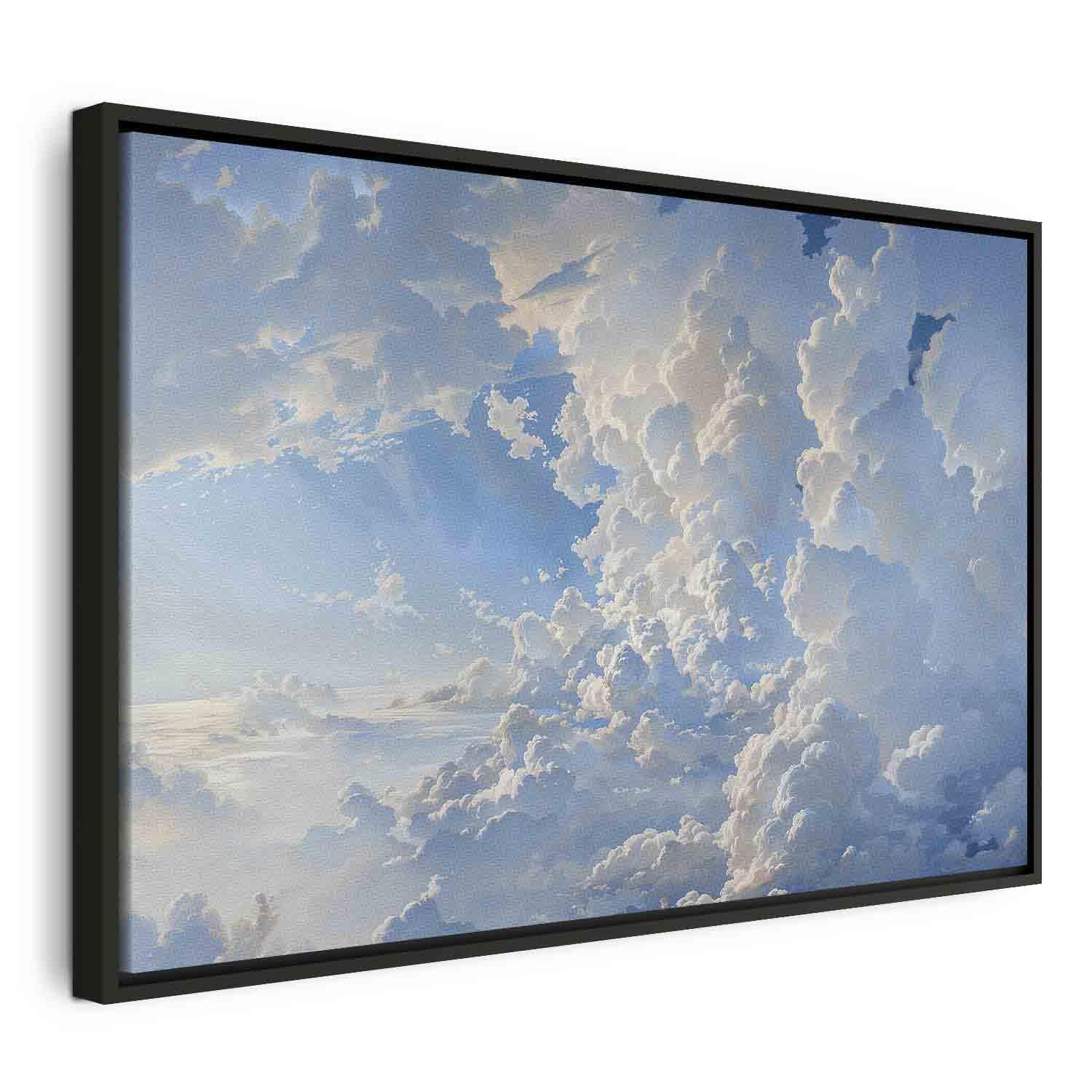 Billede på lærred med himmel og skyer - Solen afslører skyernes hemmeligheder - 120 x 80 cm - I en sort træramme