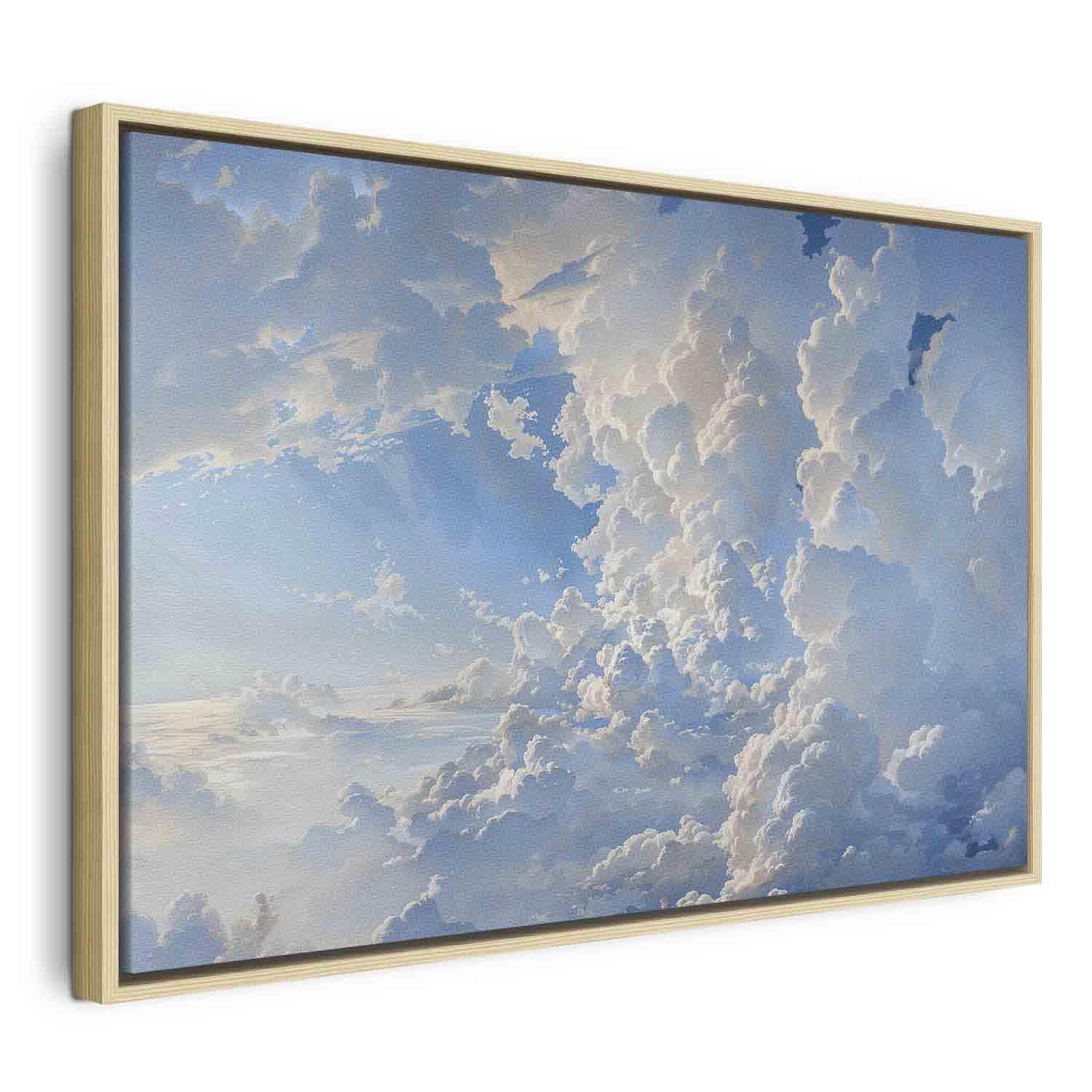 Billede på lærred med himmel og skyer - Solen afslører skyernes hemmeligheder - 120 x 80 cm - I en naturlig træramme