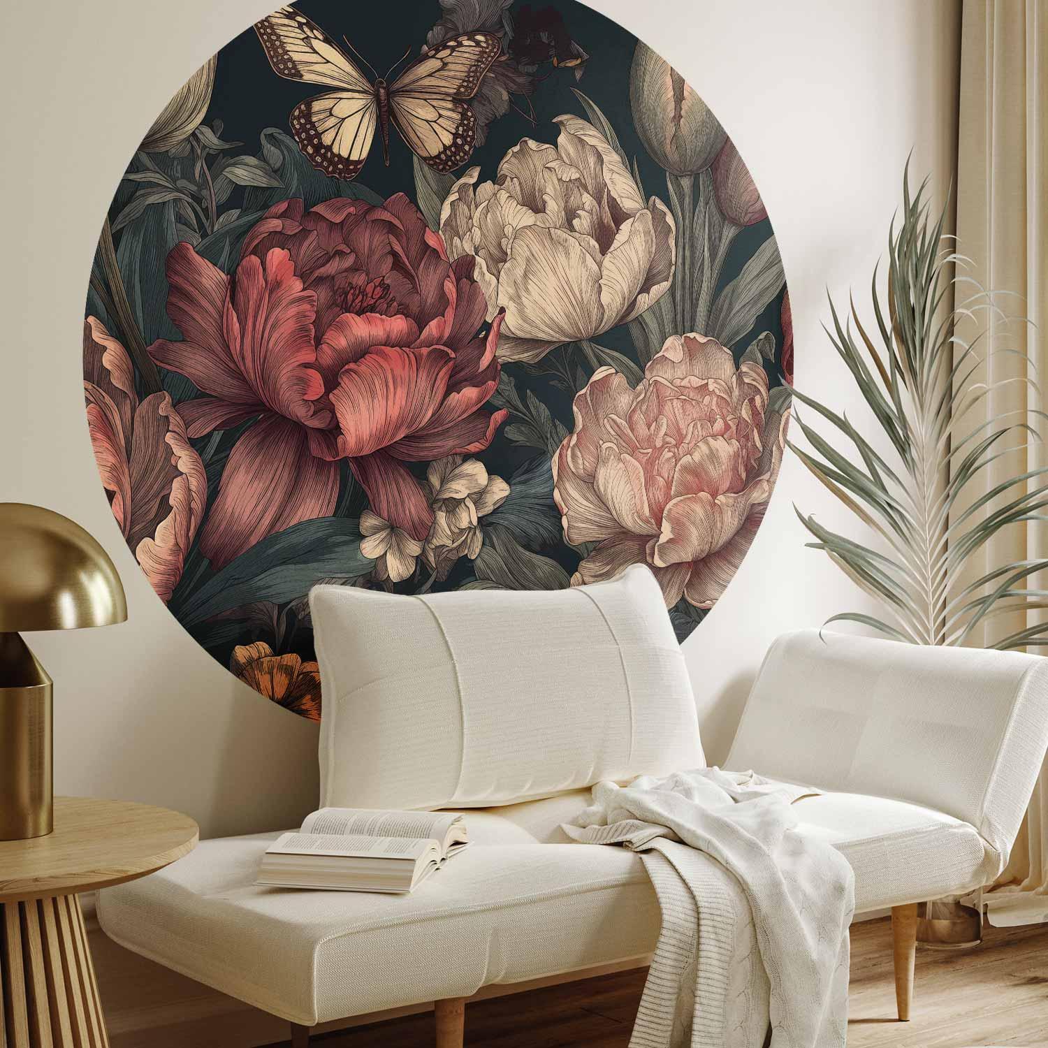 Rundt fototapet med blomster på turkis baggrund - 140 x 140 cm