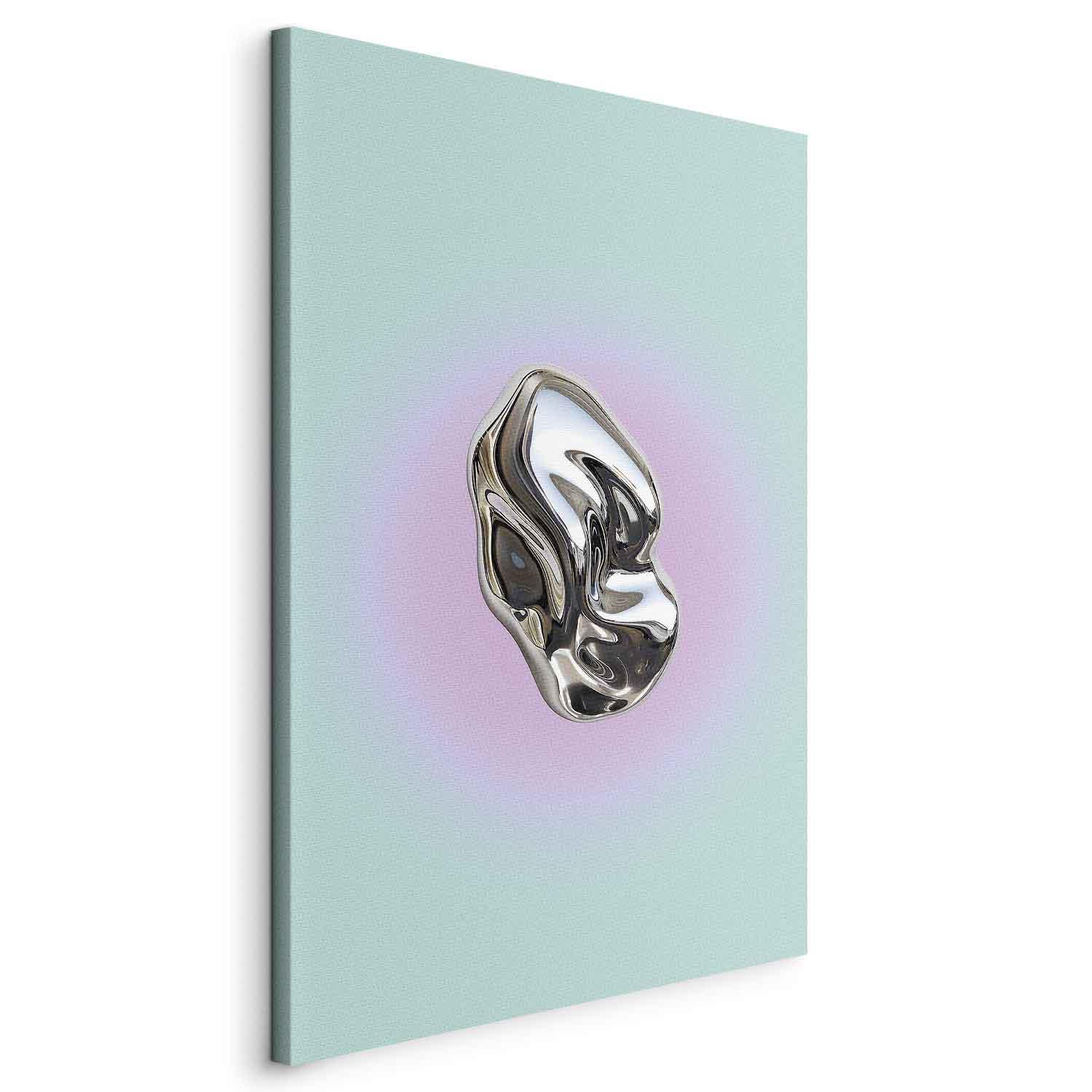Abstrakt lærredsbillede med metallisk form på mintgrøn baggrund med lilla glorie - 20 x 30 cm - På italiensk lærred