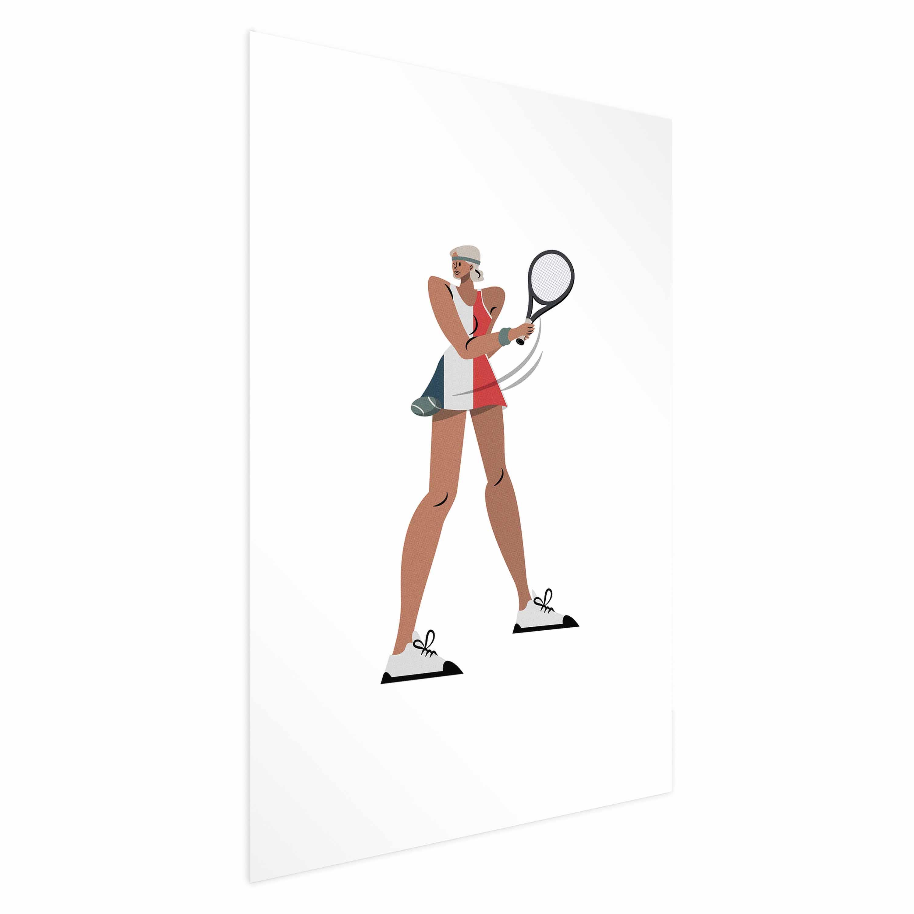 Plakat med tennisspiller og ketcher på hvid baggrund - illustration - 29.7 x 42 cm - Uden ramme