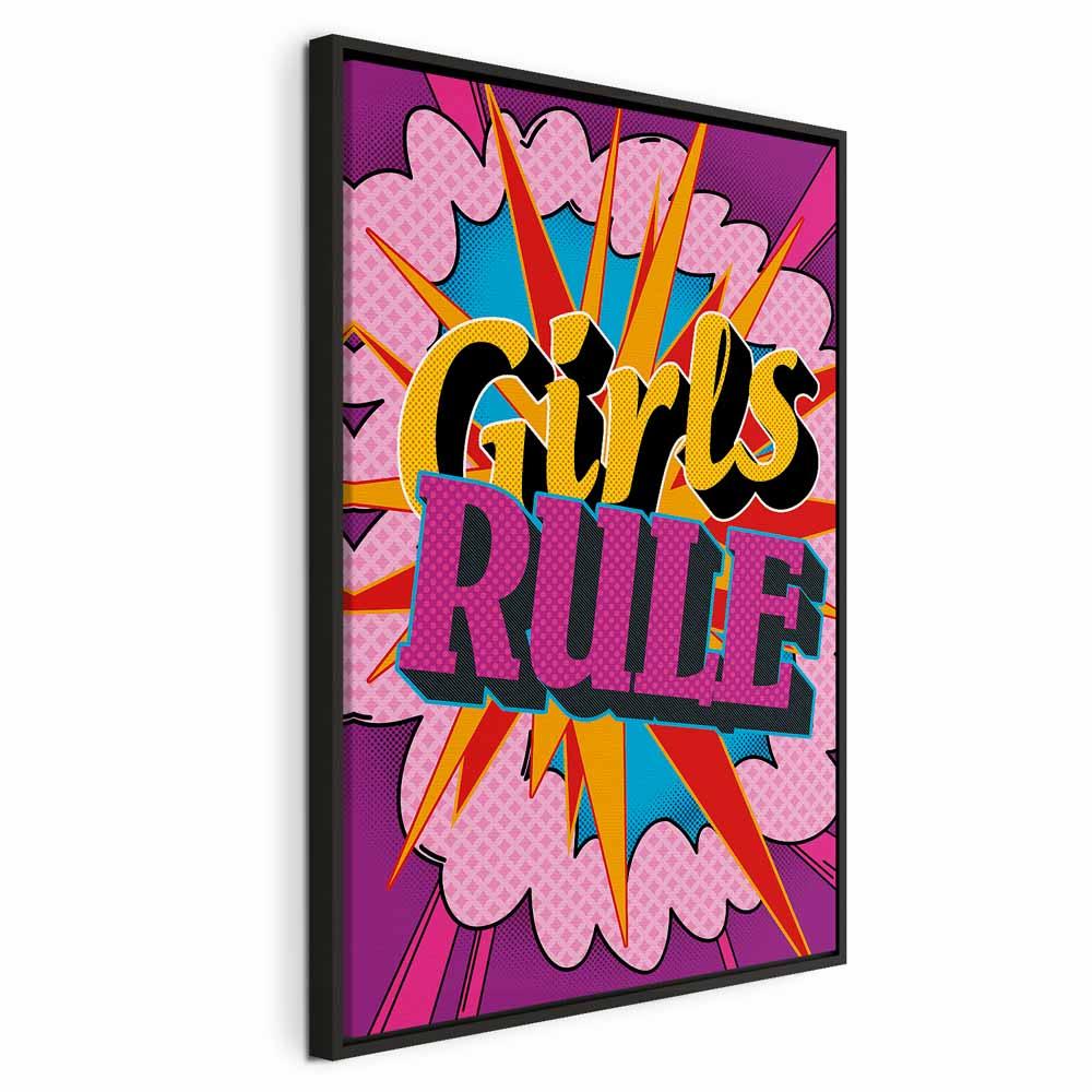 Lærredsbillede Girls Rule - farverigt børnebillede til væg - 40 x 60 cm - I en sort træramme
