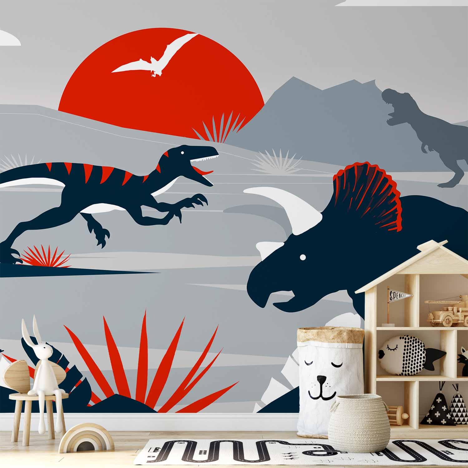 Fototapet med dinosaurer i rødt - abstrakt landskab til børneværelse - 98 x 70 cm - Selvklæbende
