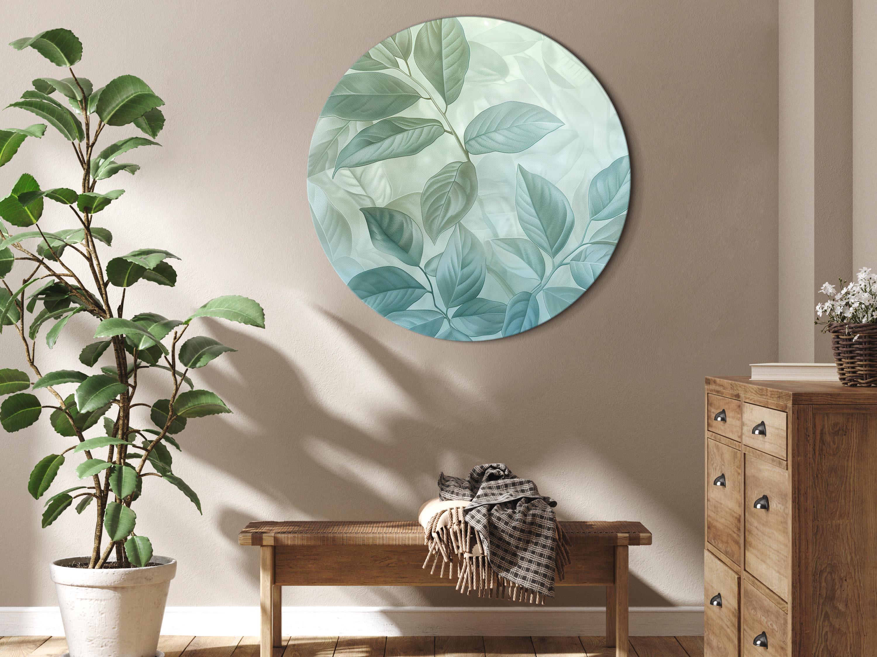 Rundt lærredsprint med store blade i grønne mintnuancer - botanisk motiv - 80 x 80 cm